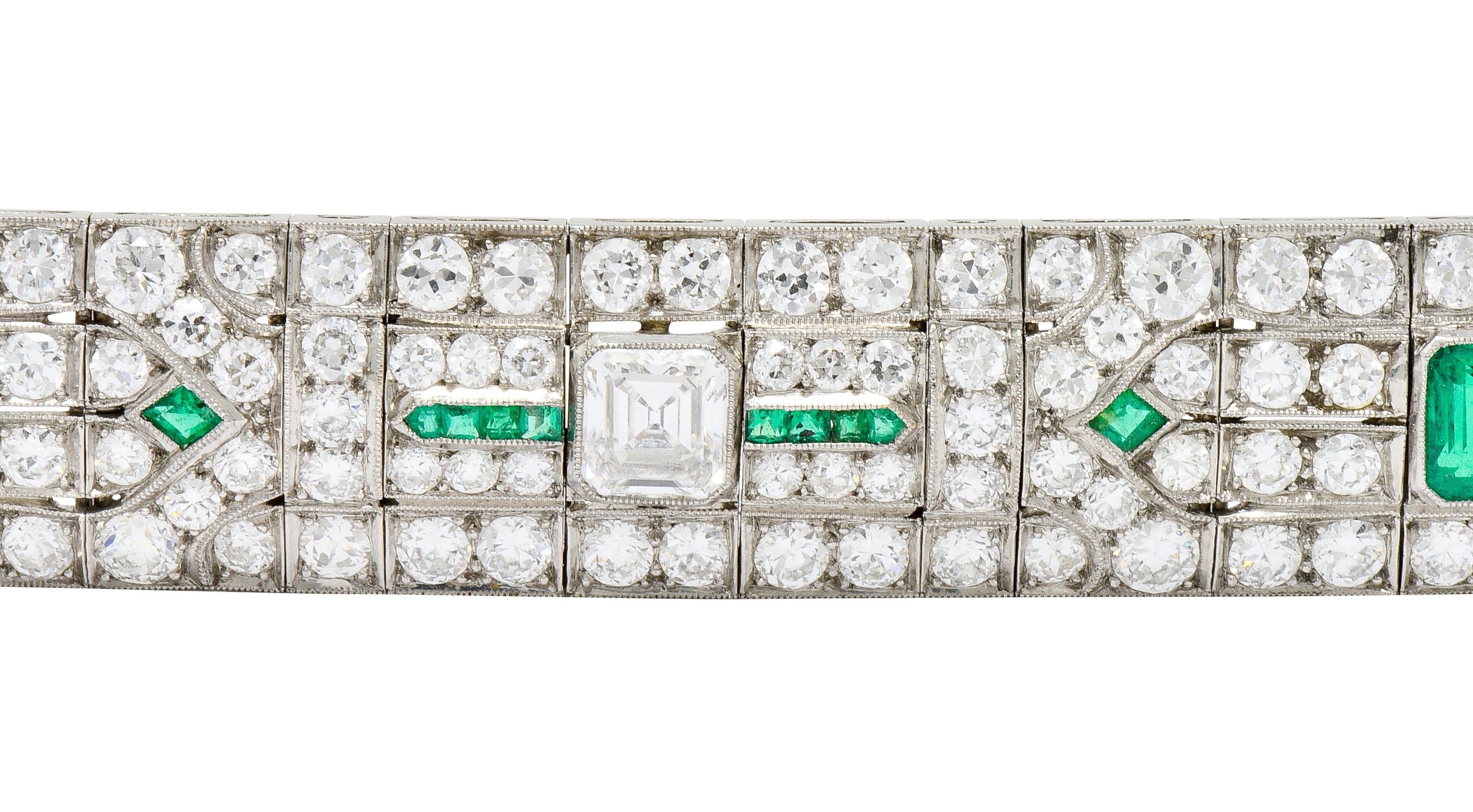 Exceptional Art Deco 23.96 CTW Diamond Emerald Platinum Geometric Link Bracelet - Wilson's Estate Jewelry