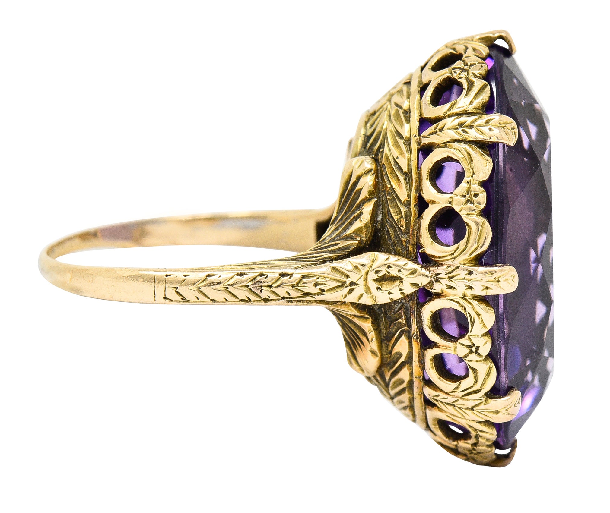 1920's Art Deco Amethyst 18 Karat Yellow Gold Floral Gemstone Ring Wilson's Estate Jewelry