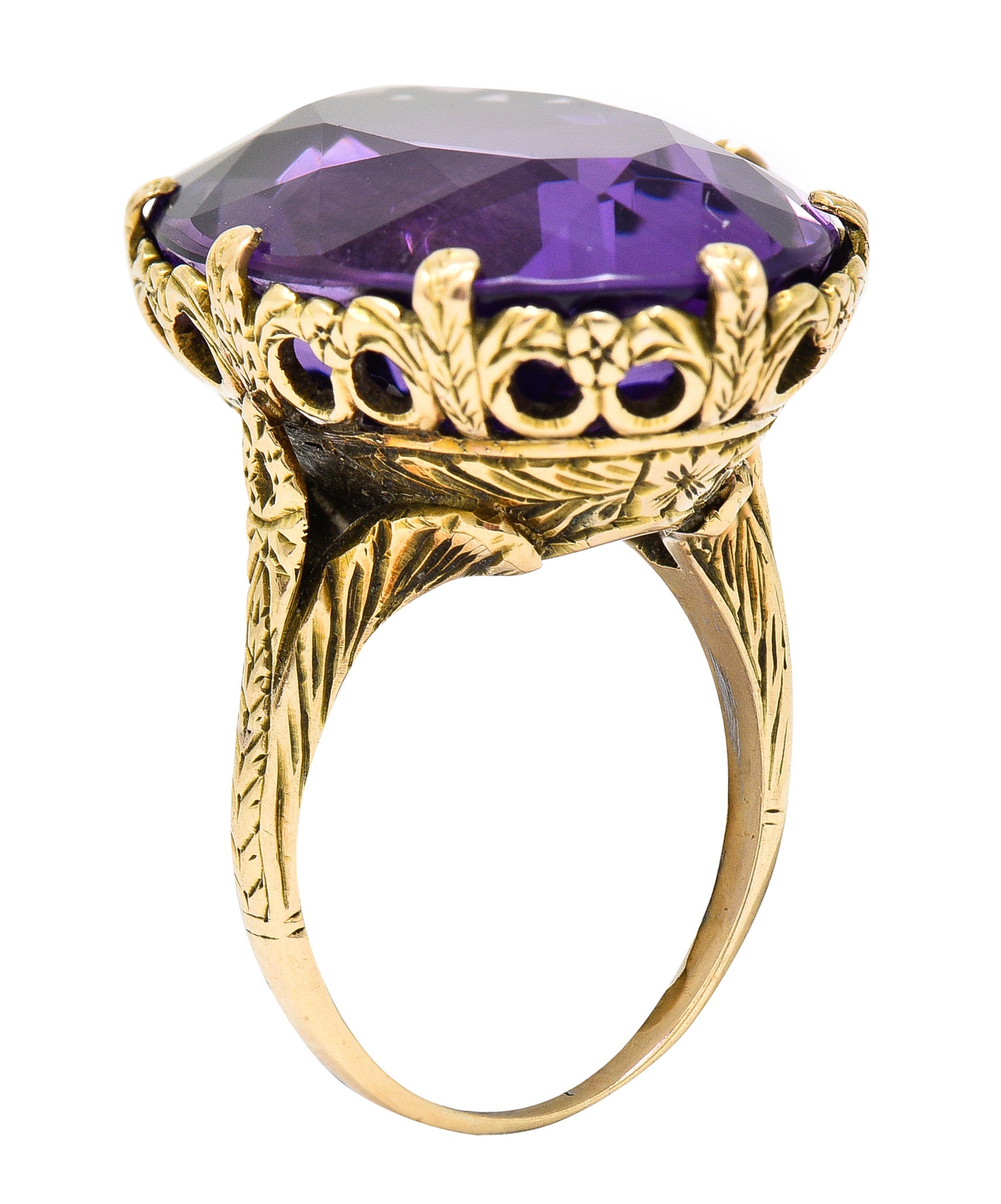 1920's Art Deco Amethyst 18 Karat Yellow Gold Floral Gemstone Ring Wilson's Estate Jewelry