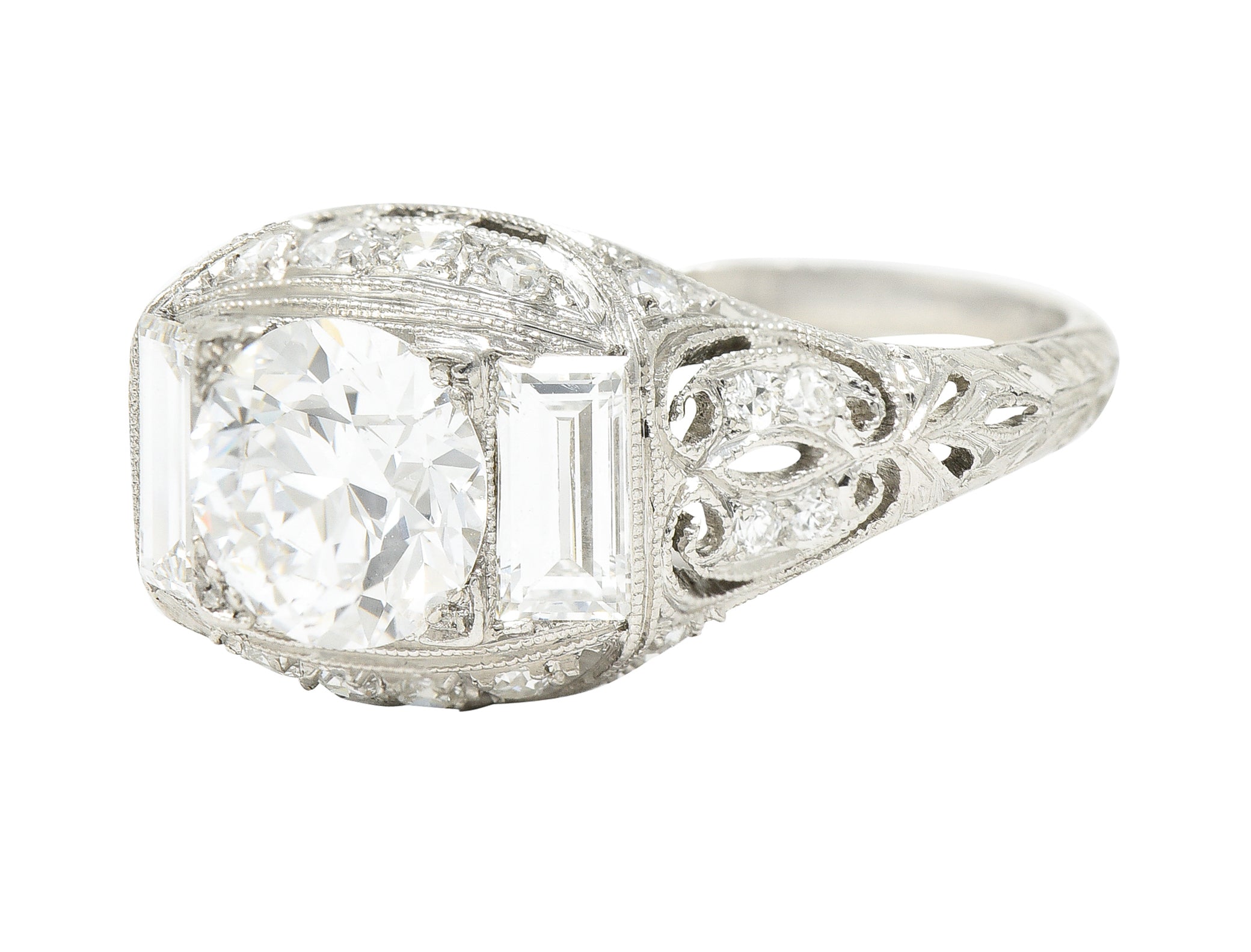 Art Deco 2.35 CTW Old European Cut Diamond Platinum Milgrain Bombay Engagement Ring Wilson's Estate Jewelry