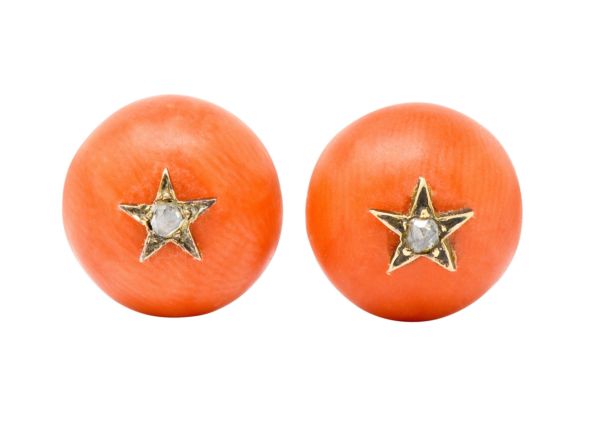 Victorian French Coral Rose Cut Diamond 18 Karat Gold Star Stud Earrings - Wilson's Estate Jewelry