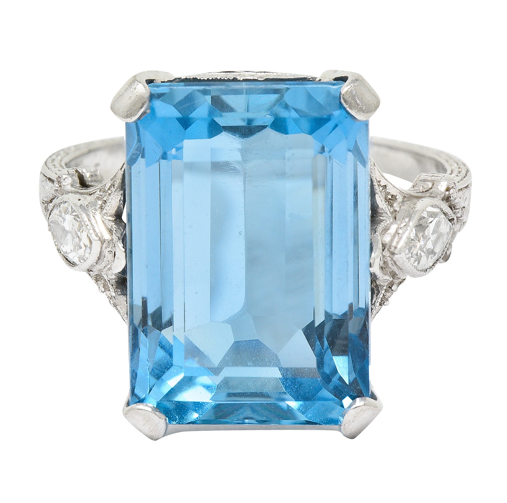 Art Deco 11.67 CTW Aquamarine Diamond Platinum Cocktail Ring Wilson's Estate Jewelry