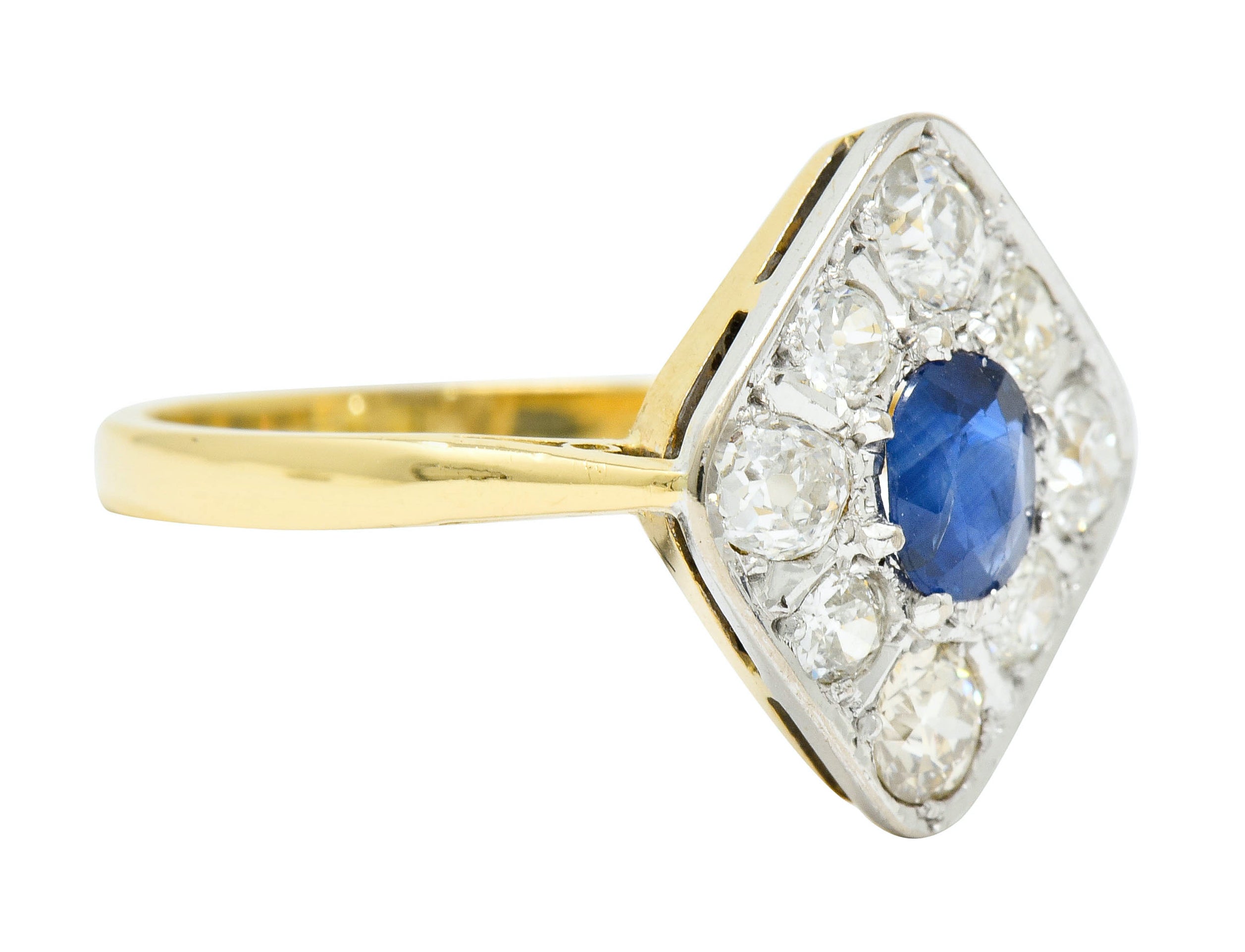 Edwardian 1.77 CTW Sapphire Diamond Platinum-Topped 18 Karat Gold Navette Cluster Ring - Wilson's Estate Jewelry