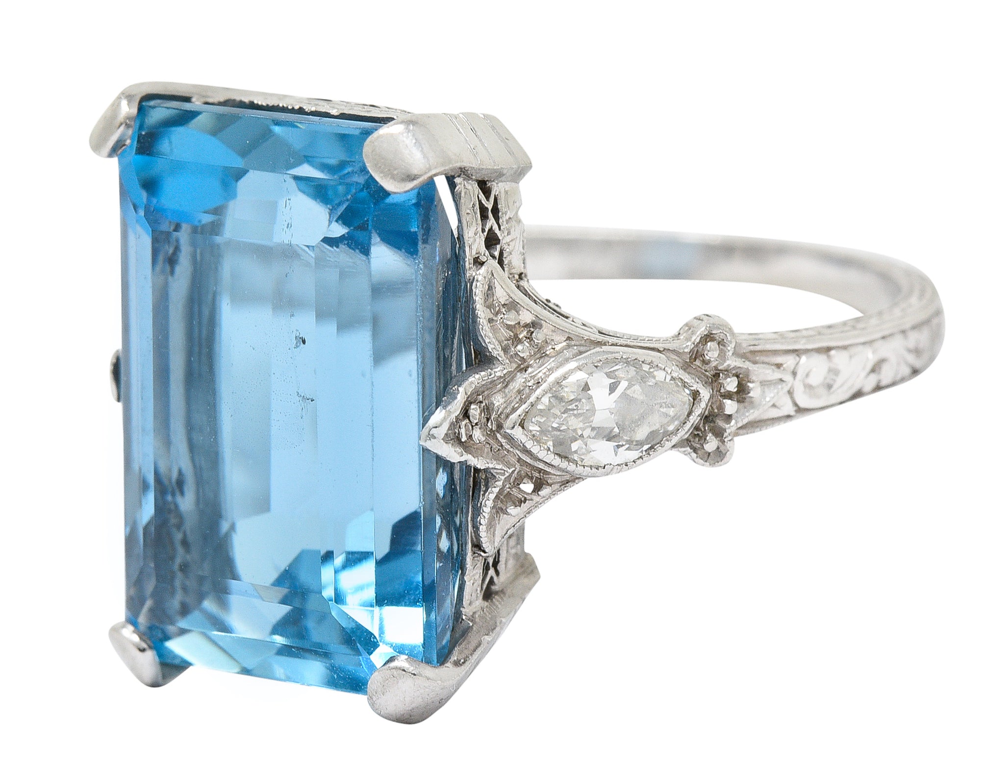 Art Deco 11.67 CTW Aquamarine Diamond Platinum Cocktail Ring Wilson's Estate Jewelry