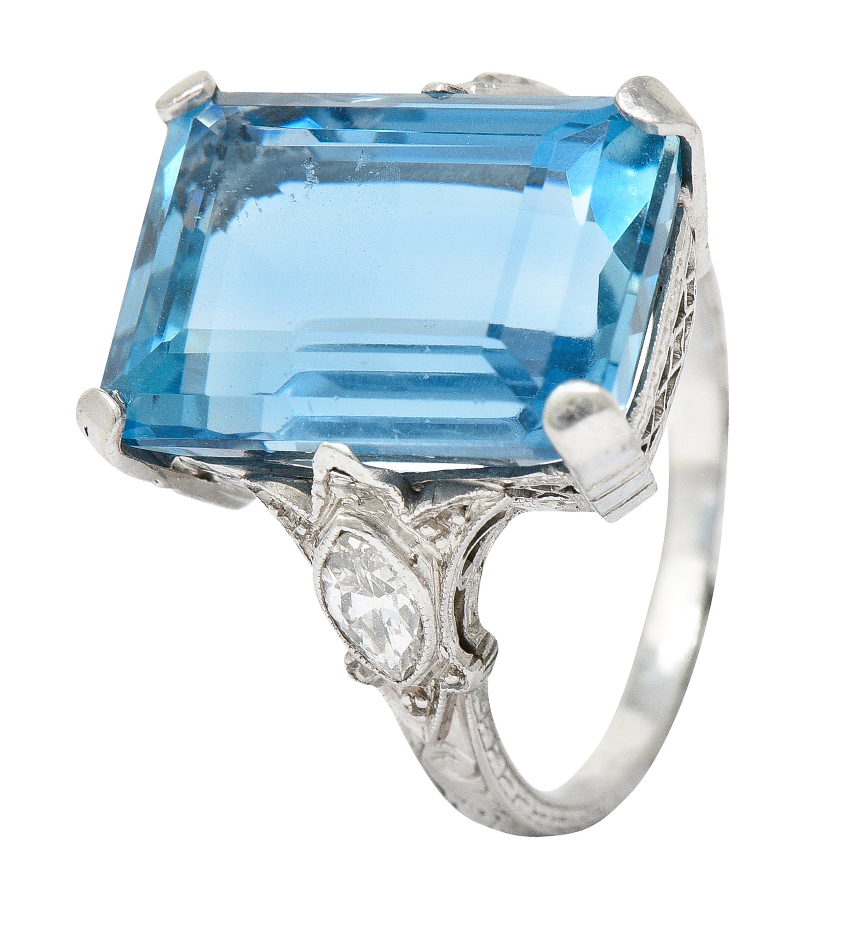 Art Deco 11.67 CTW Aquamarine Diamond Platinum Cocktail Ring Wilson's Estate Jewelry