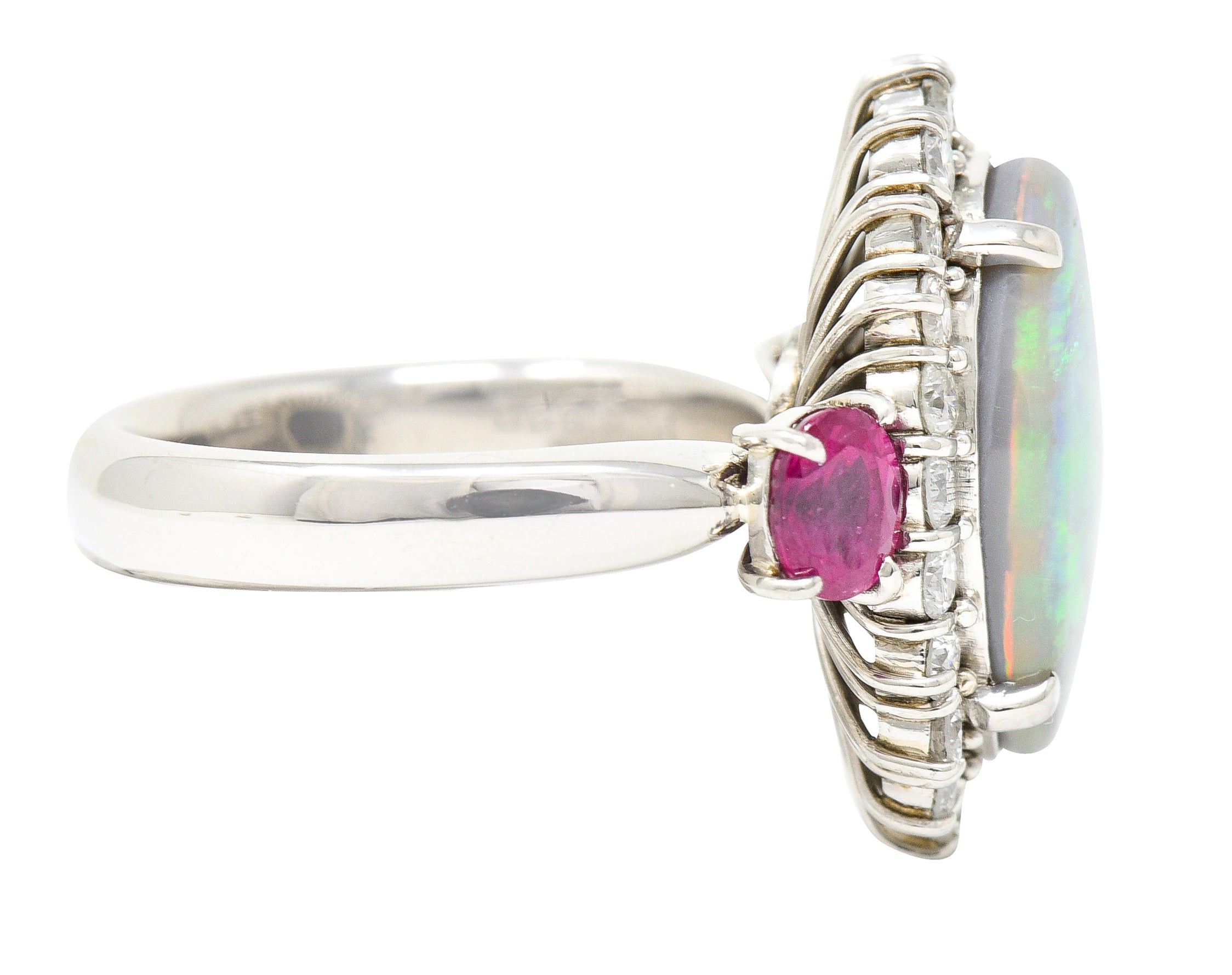 Contemporary 6.74 CTW Opal Diamond Ruby Platinum Halo Cluster Ring Wilson's Estate Jewelry