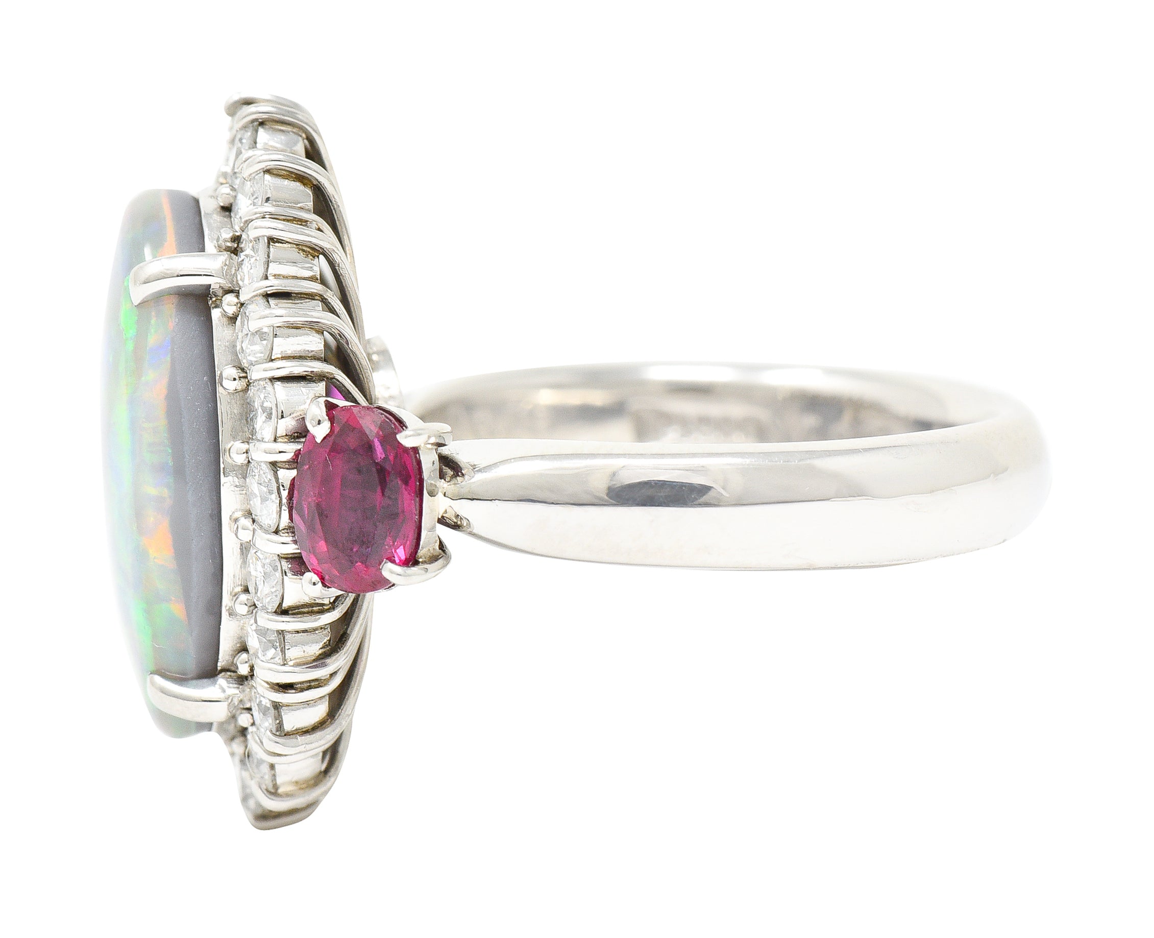 Contemporary 6.74 CTW Opal Diamond Ruby Platinum Halo Cluster Ring Wilson's Estate Jewelry