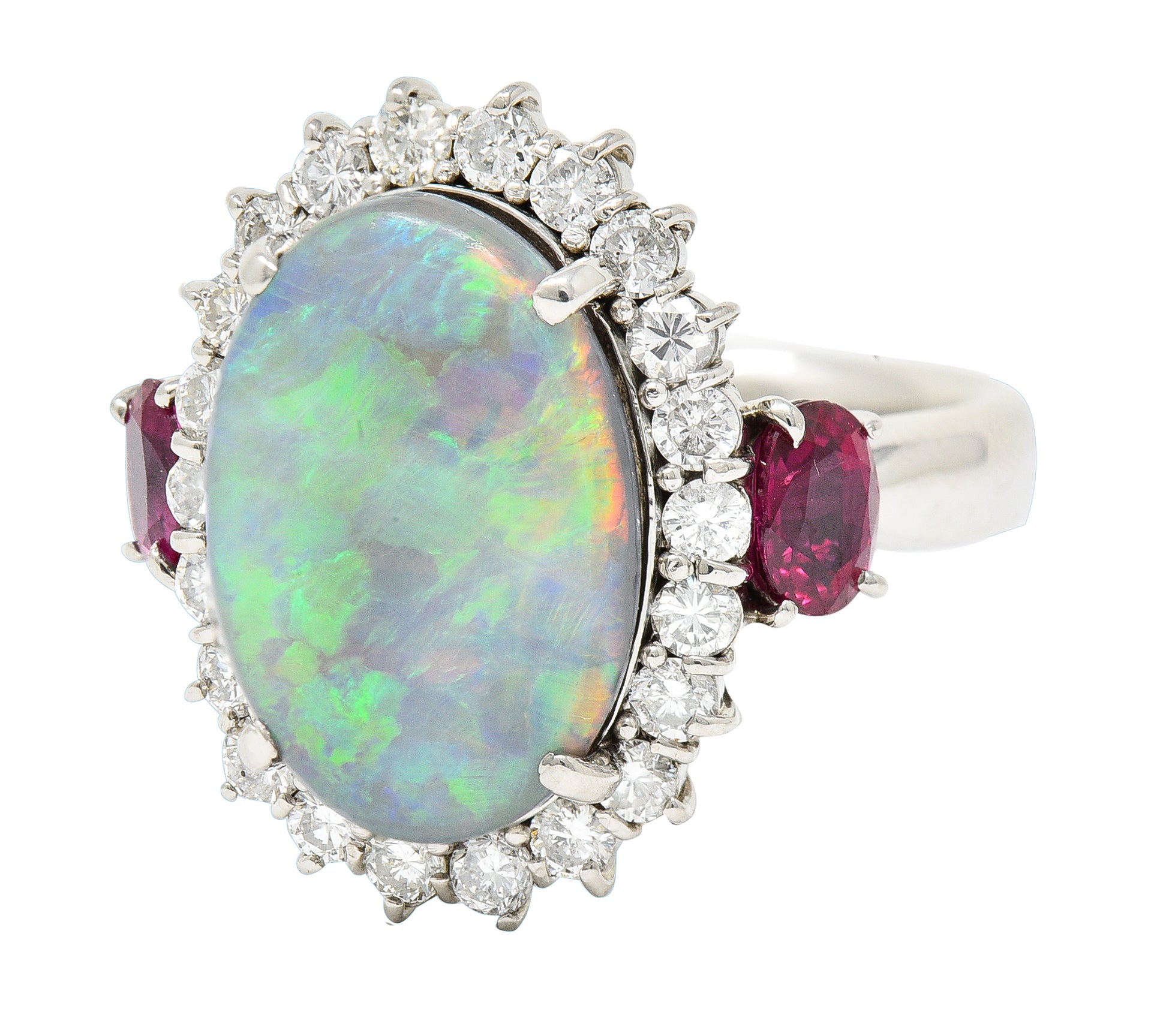 Contemporary 6.74 CTW Opal Diamond Ruby Platinum Halo Cluster Ring Wilson's Estate Jewelry