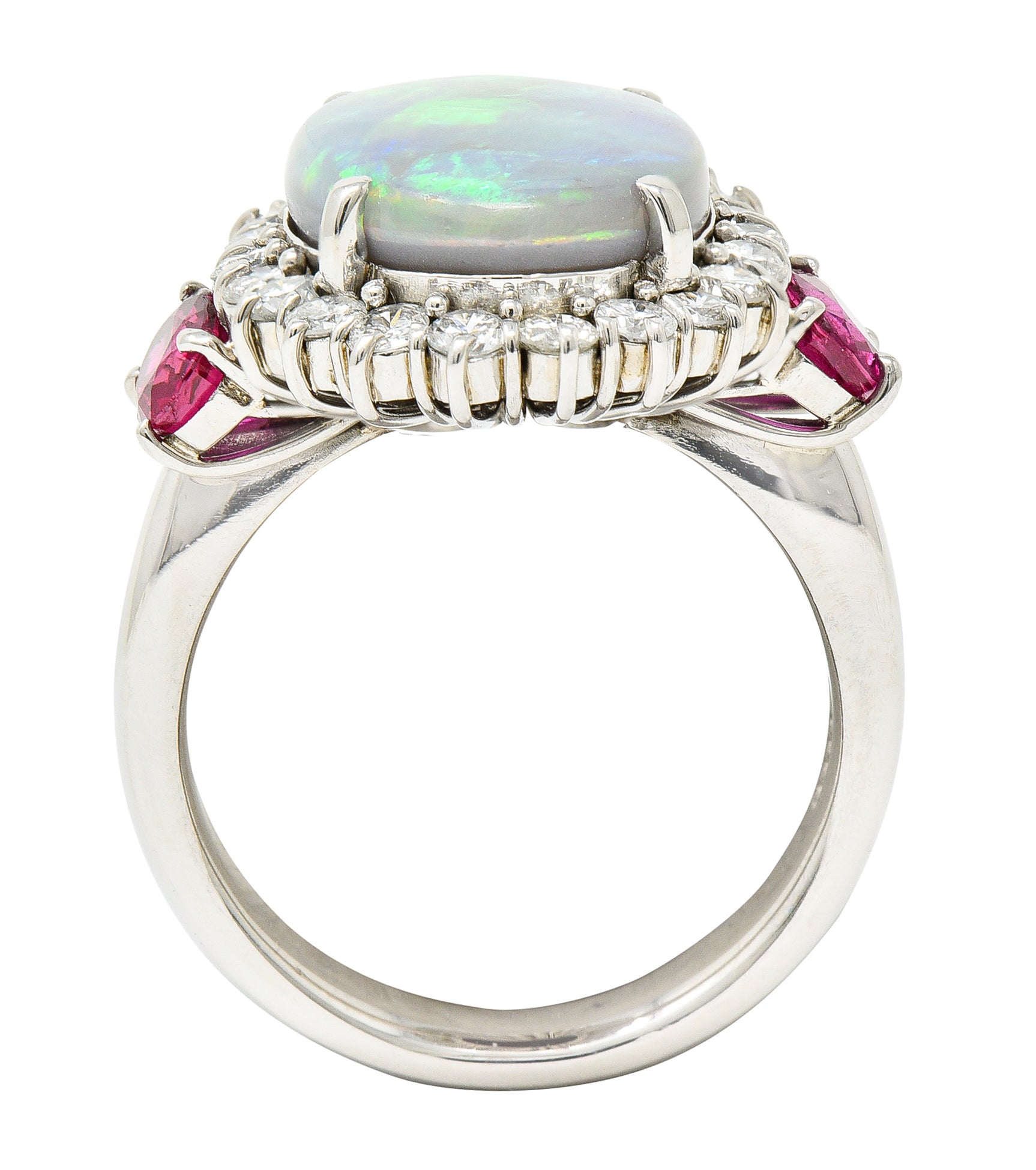 Contemporary 6.74 CTW Opal Diamond Ruby Platinum Halo Cluster Ring Wilson's Estate Jewelry