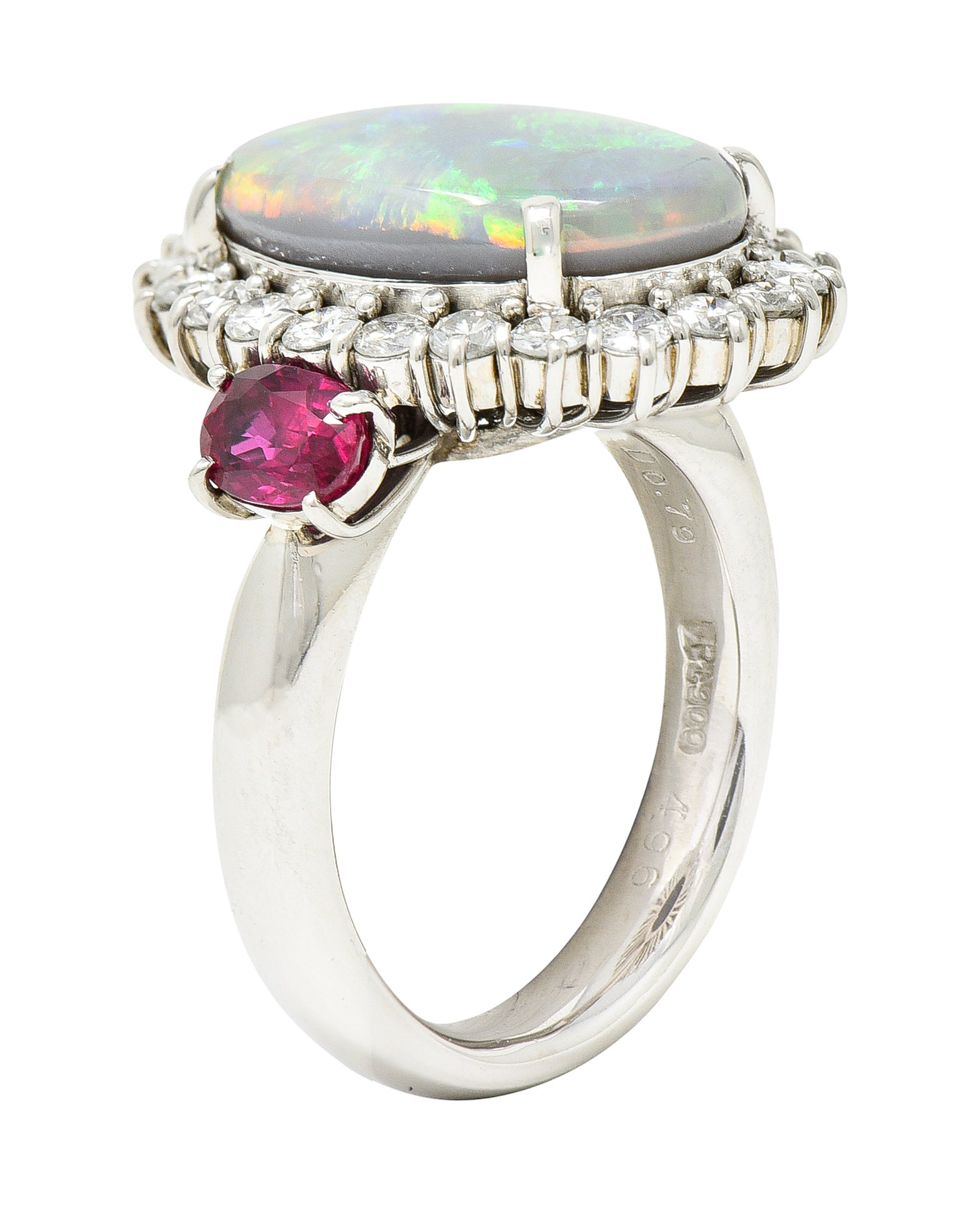 Contemporary 6.74 CTW Opal Diamond Ruby Platinum Halo Cluster Ring Wilson's Estate Jewelry