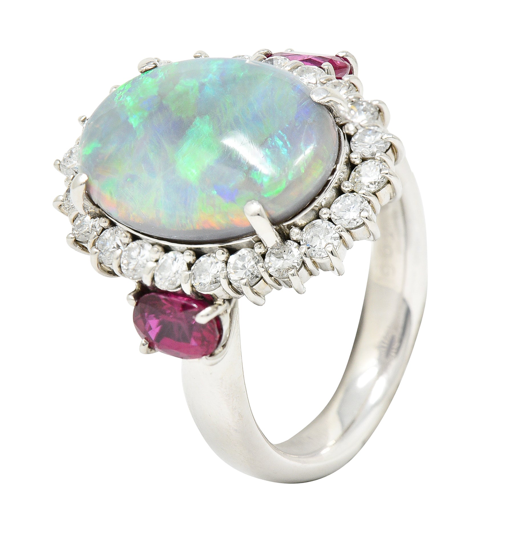 Contemporary 6.74 CTW Opal Diamond Ruby Platinum Halo Cluster Ring Wilson's Estate Jewelry