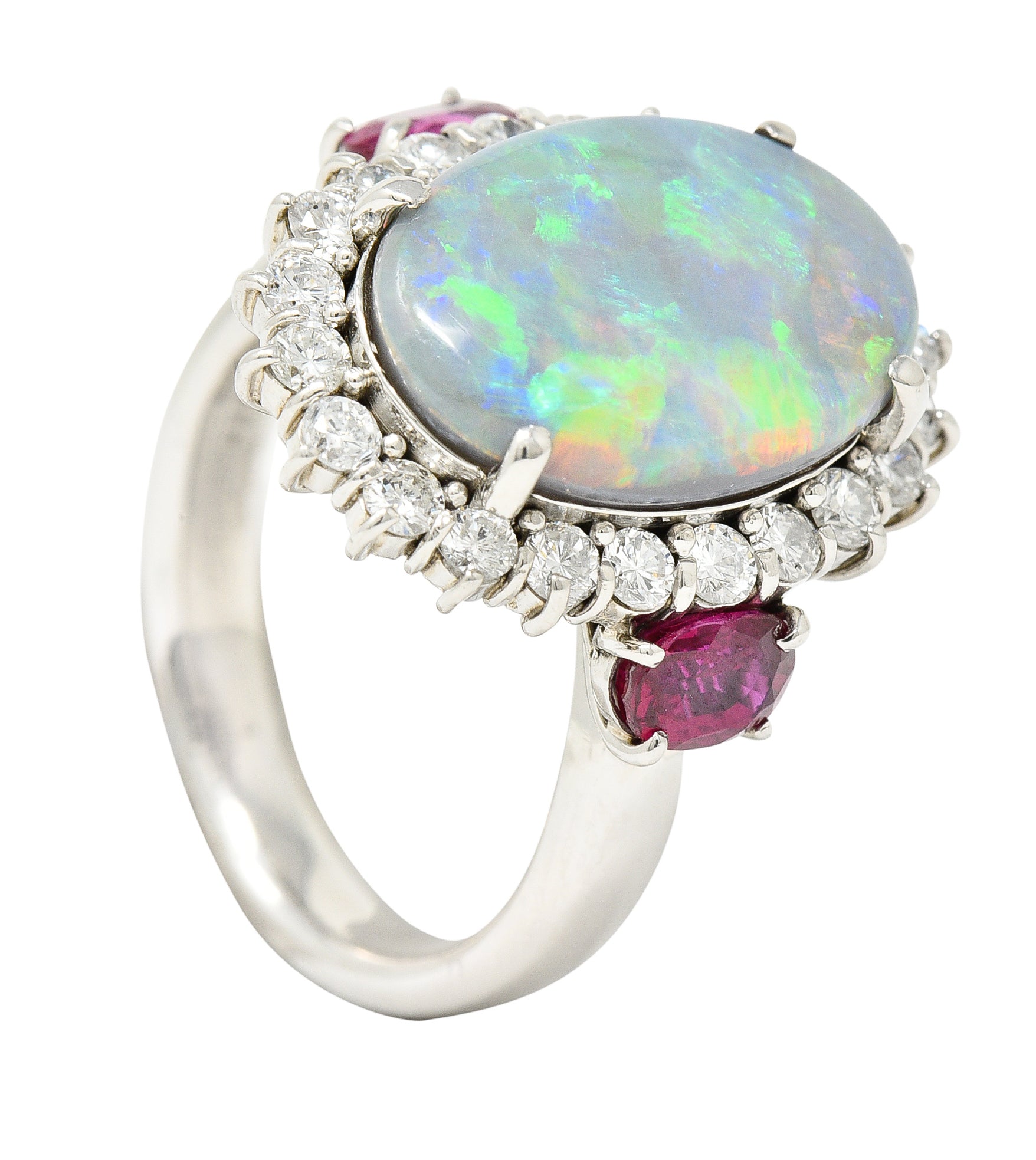 Contemporary 6.74 CTW Opal Diamond Ruby Platinum Halo Cluster Ring Wilson's Estate Jewelry