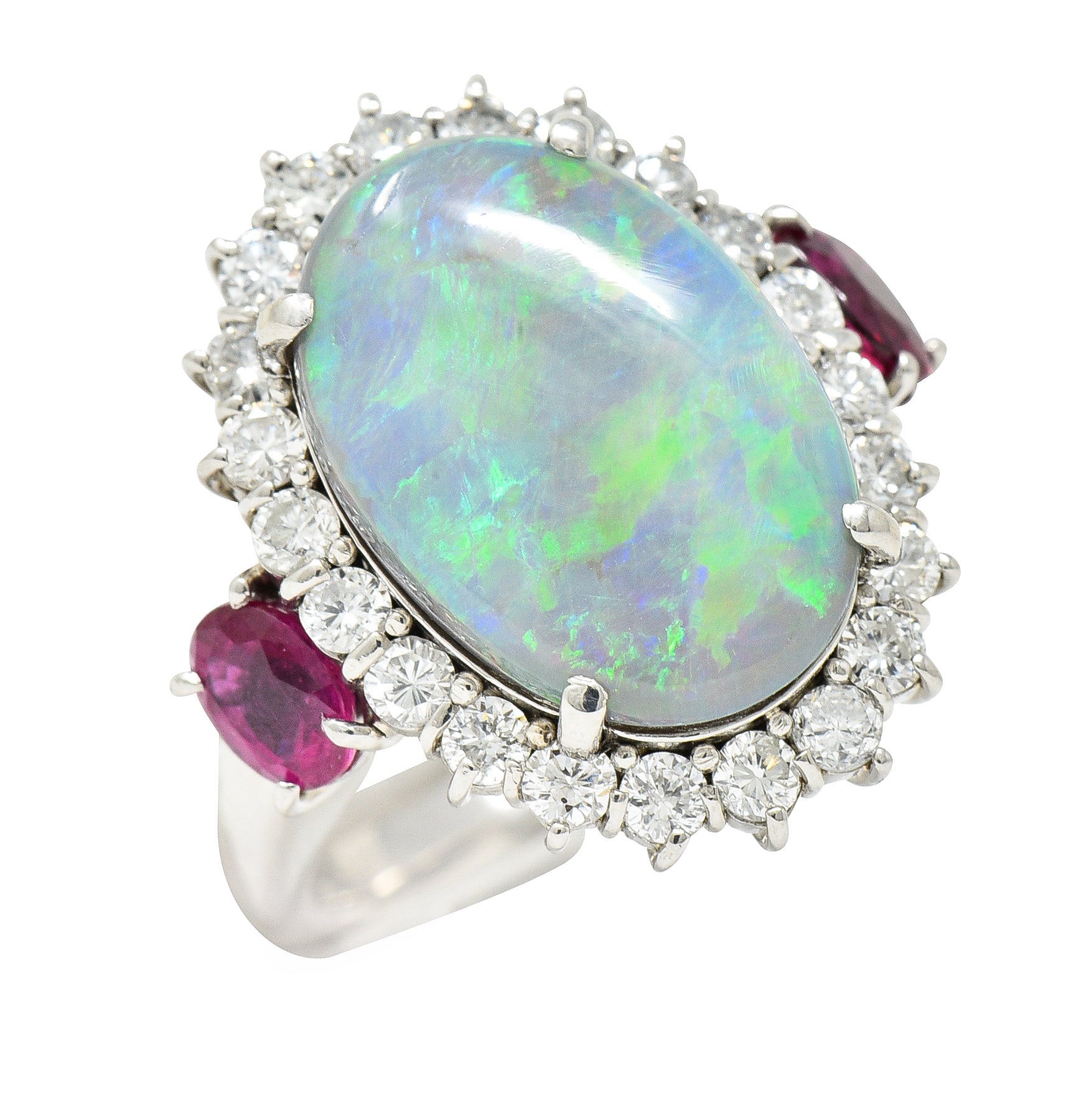 Contemporary 6.74 CTW Opal Diamond Ruby Platinum Halo Cluster Ring Wilson's Estate Jewelry