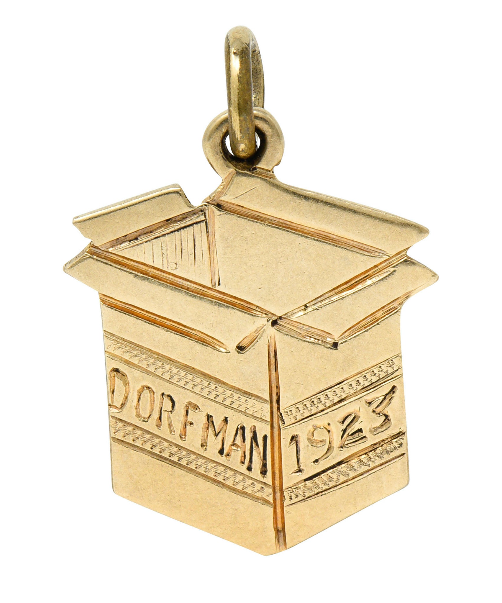 1923 Early Art Deco 14 Karat Gold Dorfman Box Charmcharm - Wilson's Estate Jewelry