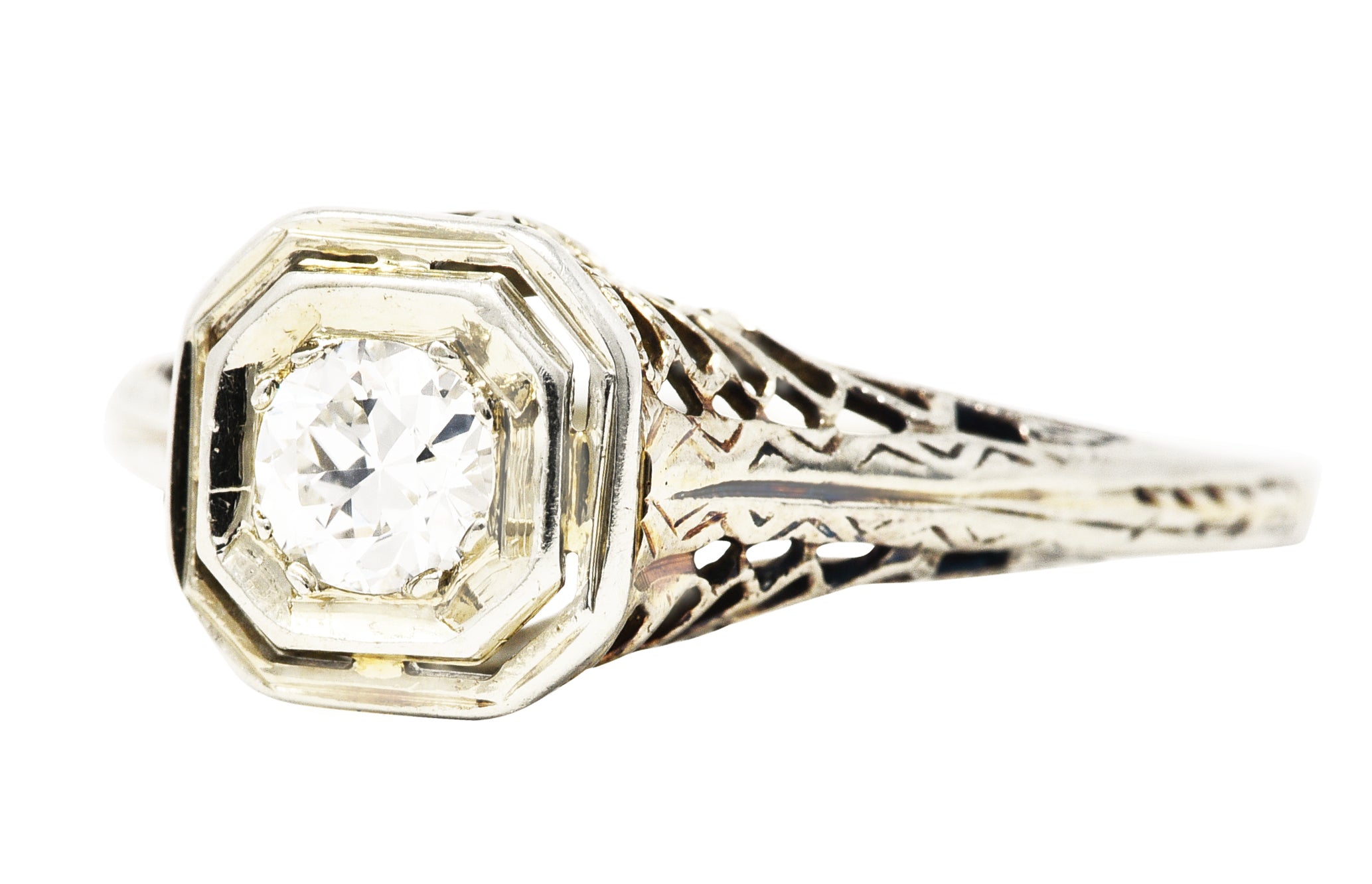 1920's Art Deco 0.20 CTW Diamond 18 Karat White Gold Pierced Butterfly Engagement RingRings - Wilson's Estate Jewelry