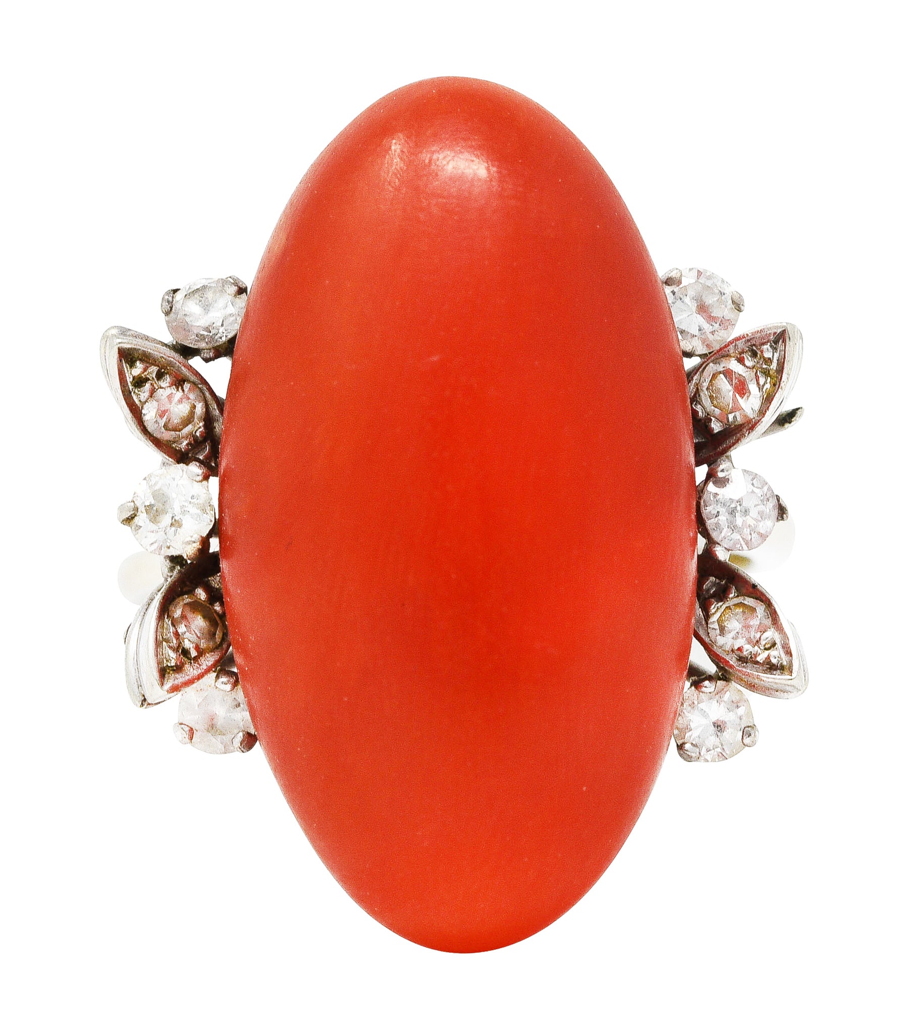 1950's Mid-Century Red Coral Diamond 18 Karat White Gold Cocktail RingRing - Wilson's Estate Jewelry