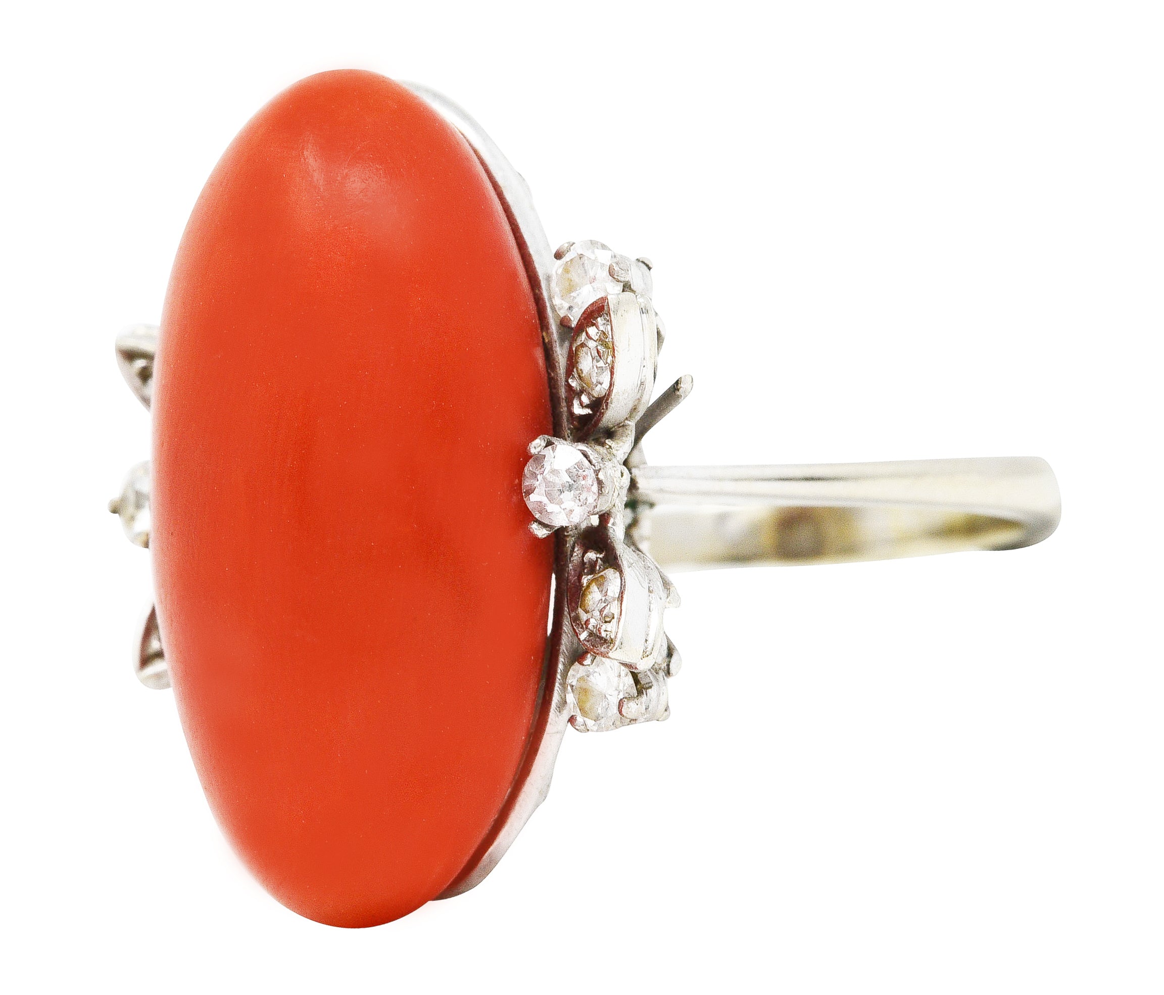 1950's Mid-Century Red Coral Diamond 18 Karat White Gold Cocktail RingRing - Wilson's Estate Jewelry