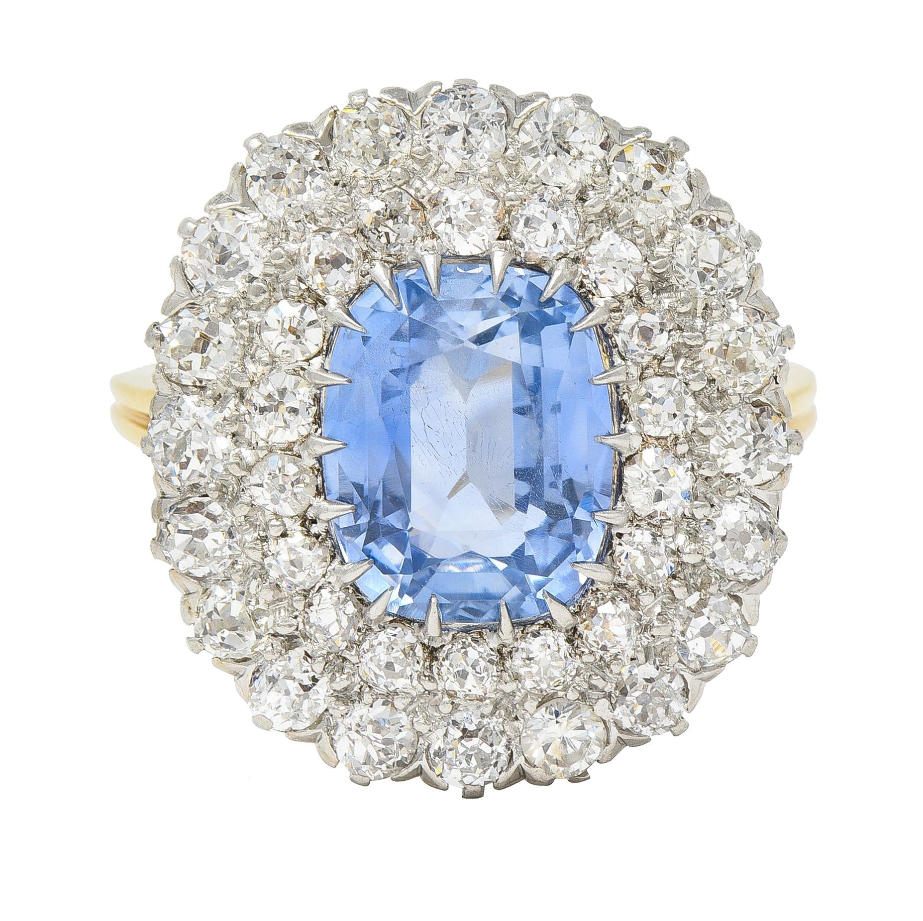 Edwardian 5.79 CTW No Heat Ceylon Sapphire Diamond Platinum 14 Karat Halo Ring