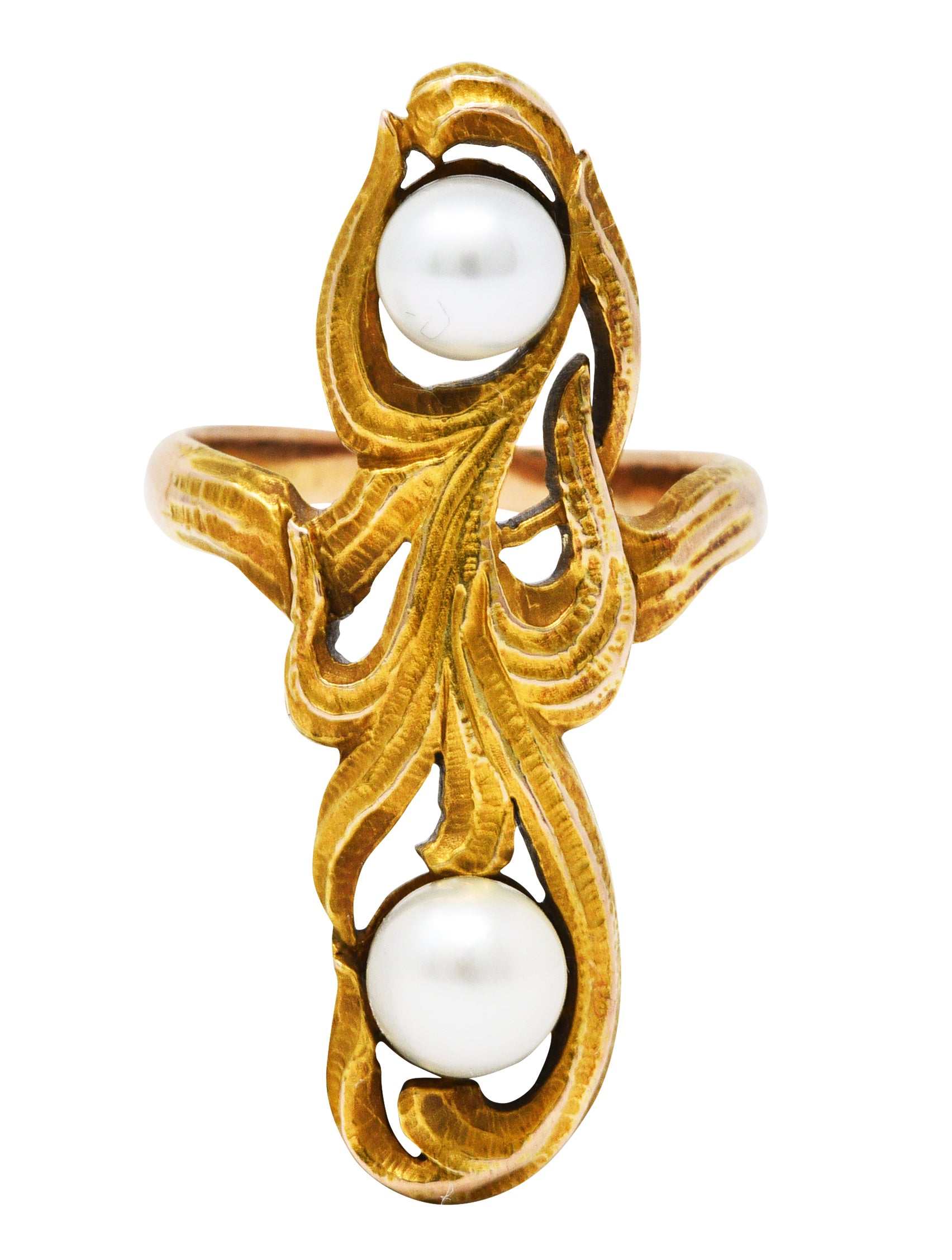 Arts & Crafts Pearl 14 Karat Gold Whiplash Foliate RingRing - Wilson's Estate Jewelry