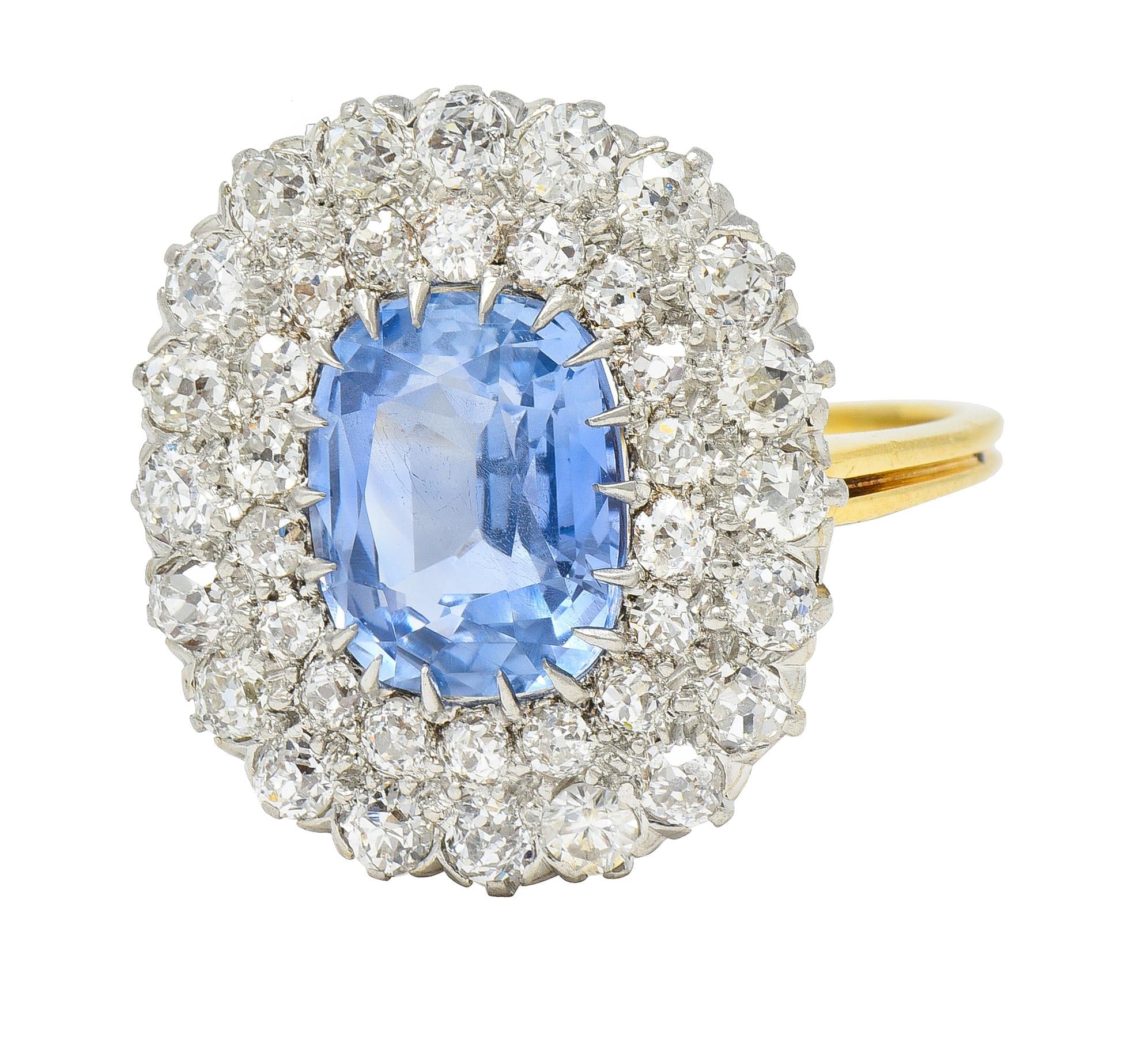 Edwardian 5.79 CTW No Heat Ceylon Sapphire Diamond Platinum 14 Karat Halo Ring