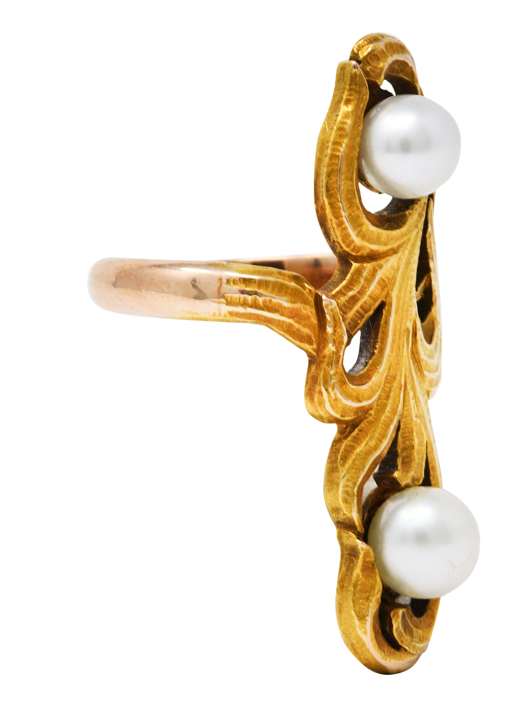 Arts & Crafts Pearl 14 Karat Gold Whiplash Foliate RingRing - Wilson's Estate Jewelry