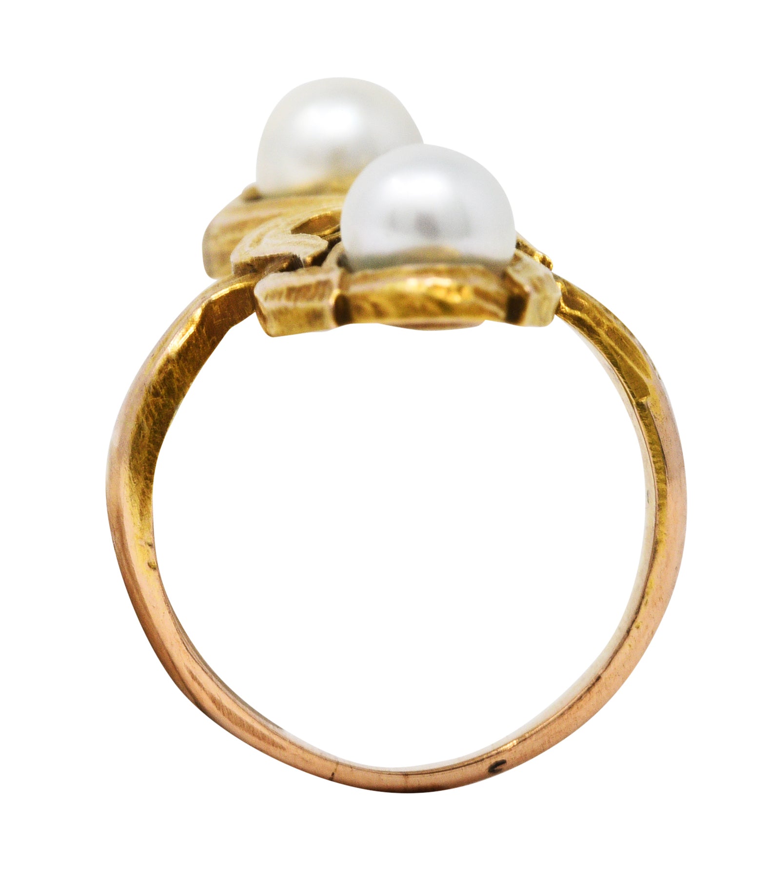 Arts & Crafts Pearl 14 Karat Gold Whiplash Foliate RingRing - Wilson's Estate Jewelry