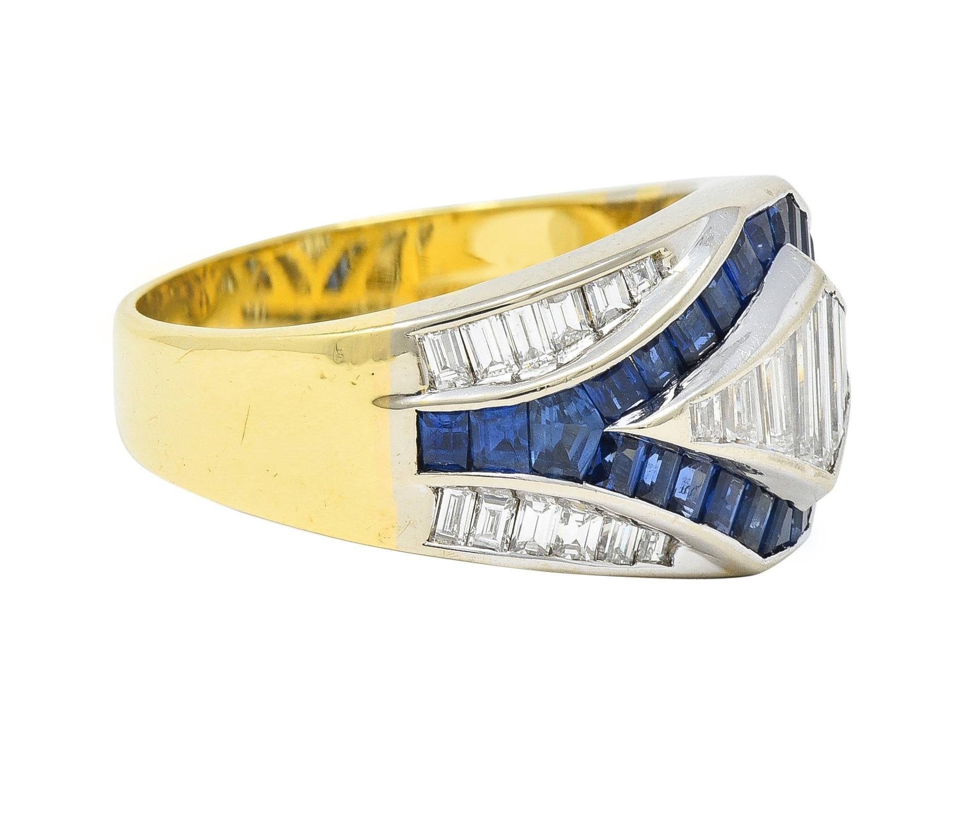 1990's 3.86 CTW Sapphire Diamond 18 Karat Two-Tone Gold Channel Band Ring