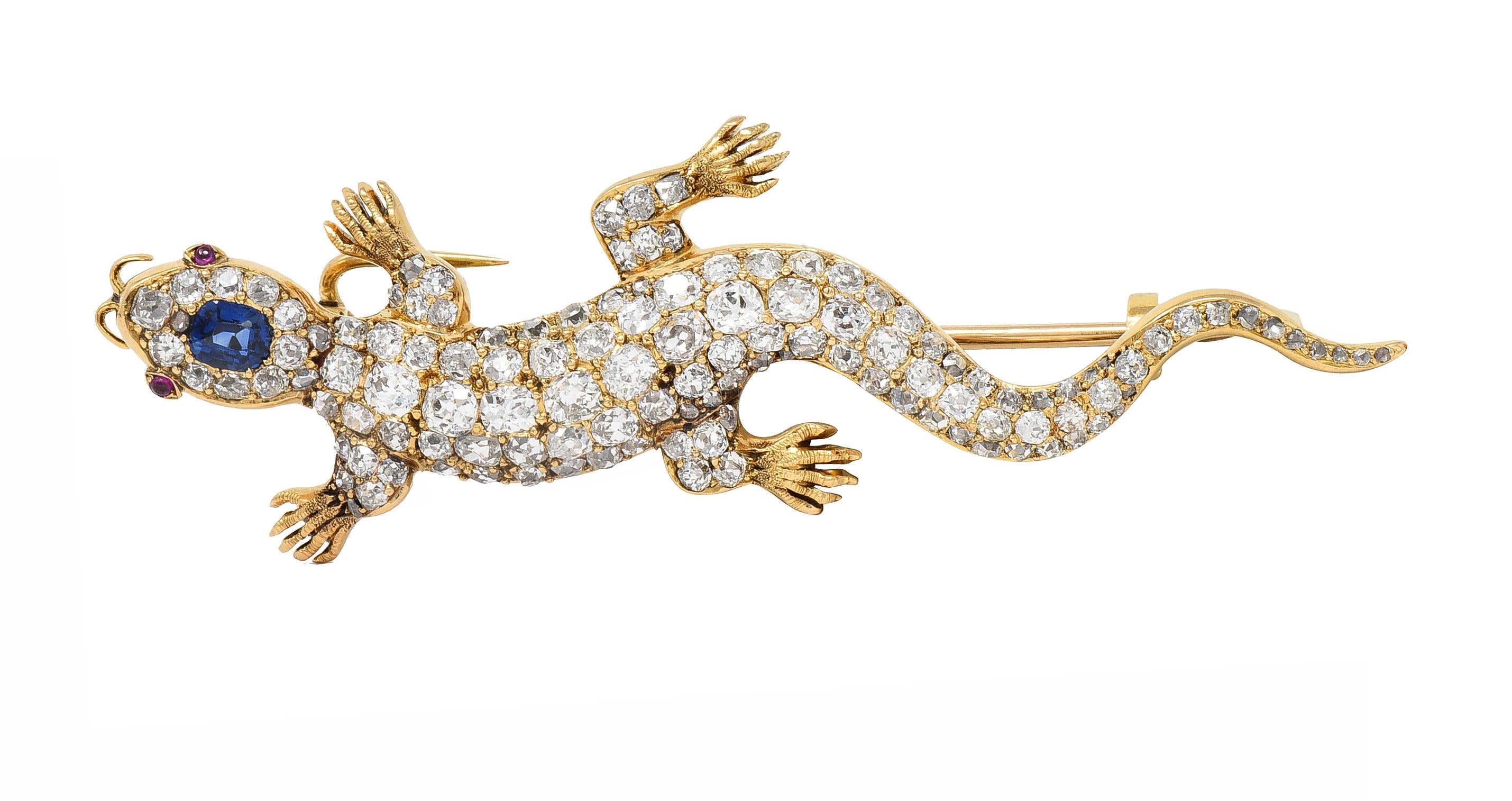 Victorian Sapphire Diamond Ruby 18 Karat Gold Antique Salamander Brooch