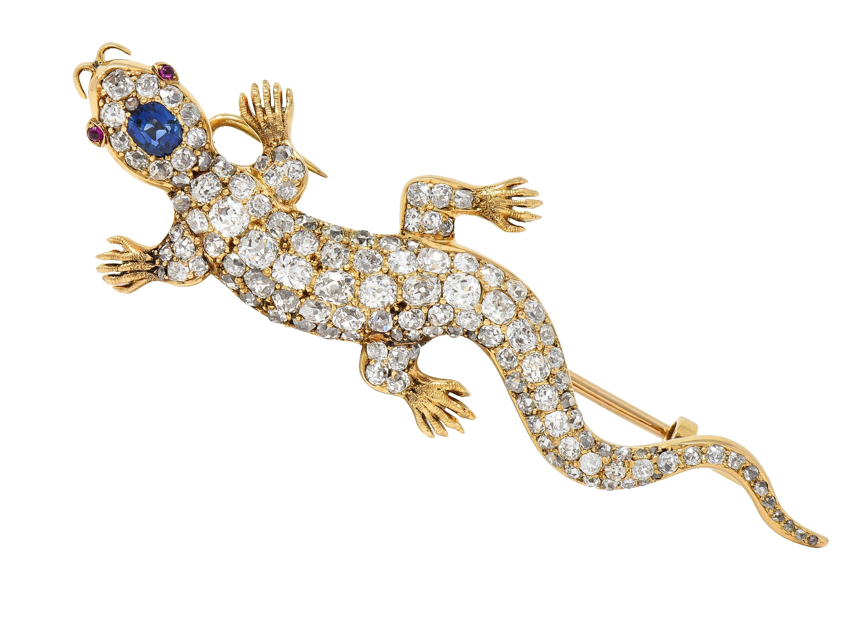 Victorian Sapphire Diamond Ruby 18 Karat Gold Antique Salamander Brooch