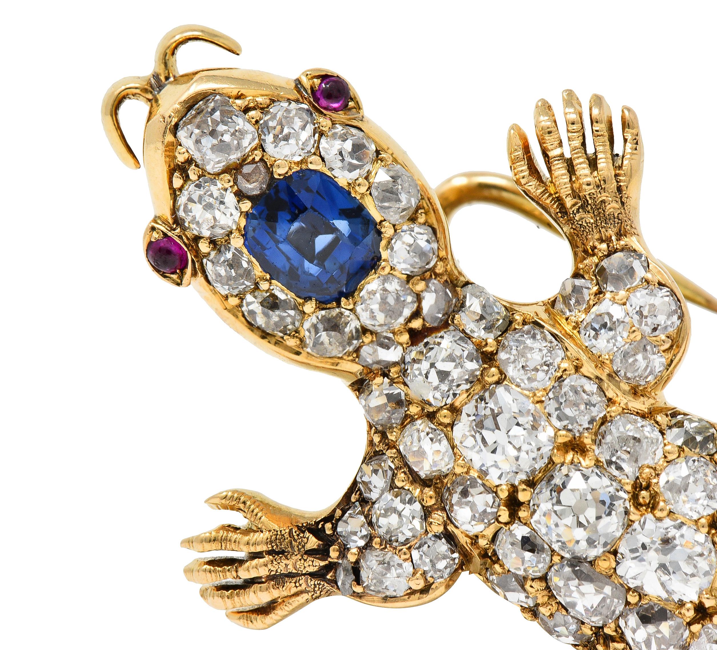 Victorian Sapphire Diamond Ruby 18 Karat Gold Antique Salamander Brooch