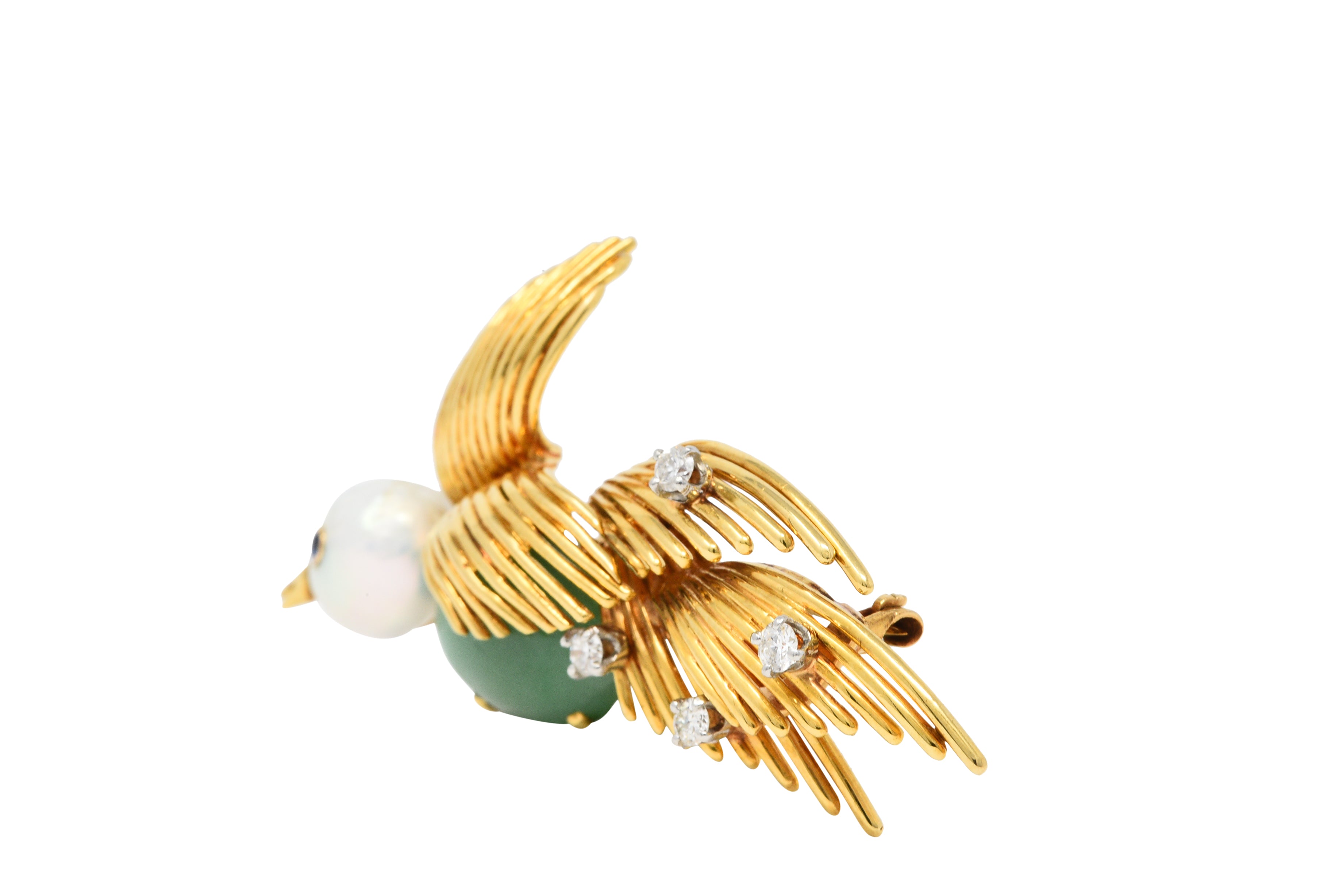 Ruser Jade Baroque Pearl Diamond Sapphire Platinum 18 Karat Gold Bird Brooch Circa 1960Brooch - Wilson's Estate Jewelry