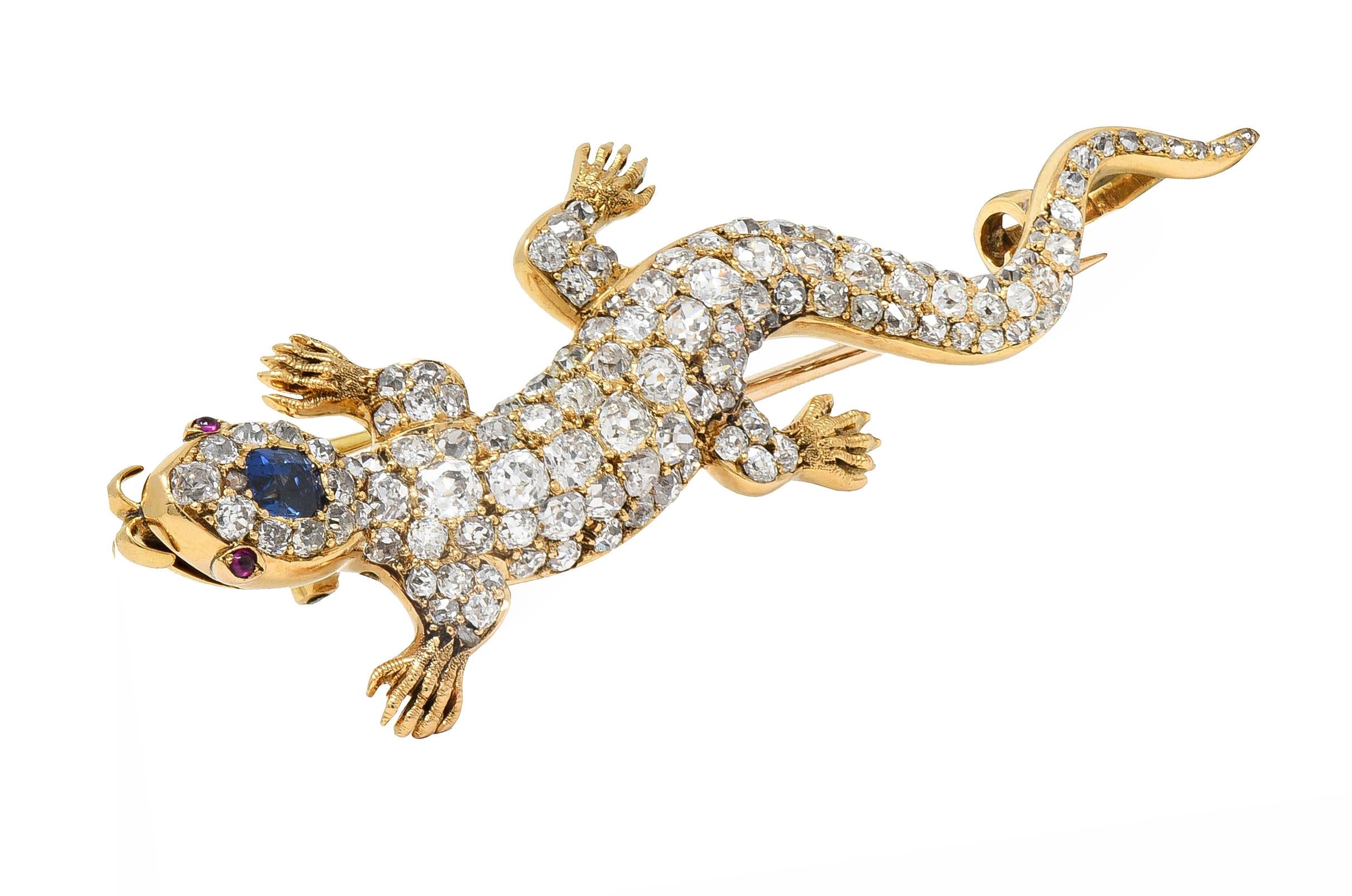 Victorian Sapphire Diamond Ruby 18 Karat Gold Antique Salamander Brooch