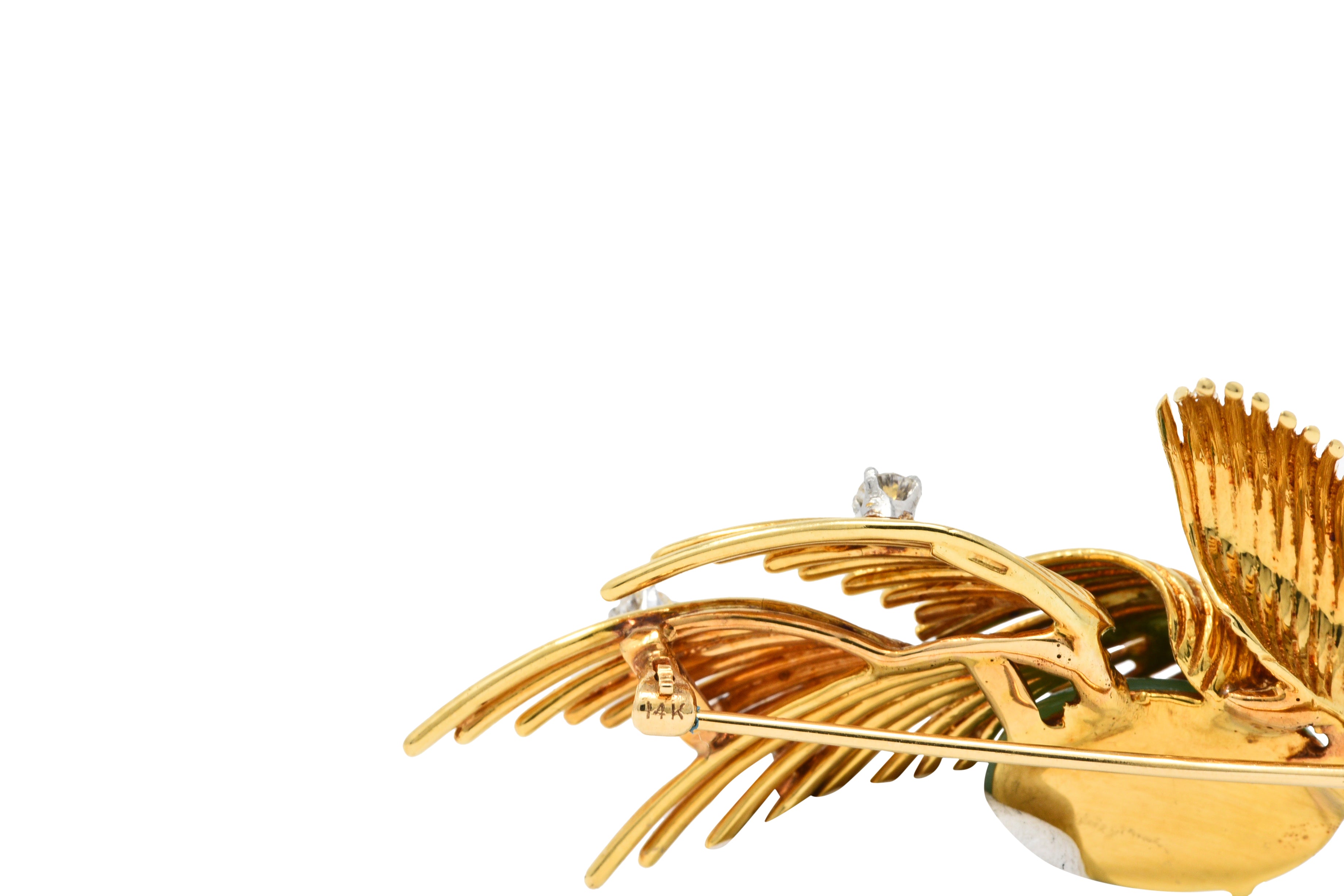 Ruser Jade Baroque Pearl Diamond Sapphire Platinum 18 Karat Gold Bird Brooch Circa 1960Brooch - Wilson's Estate Jewelry