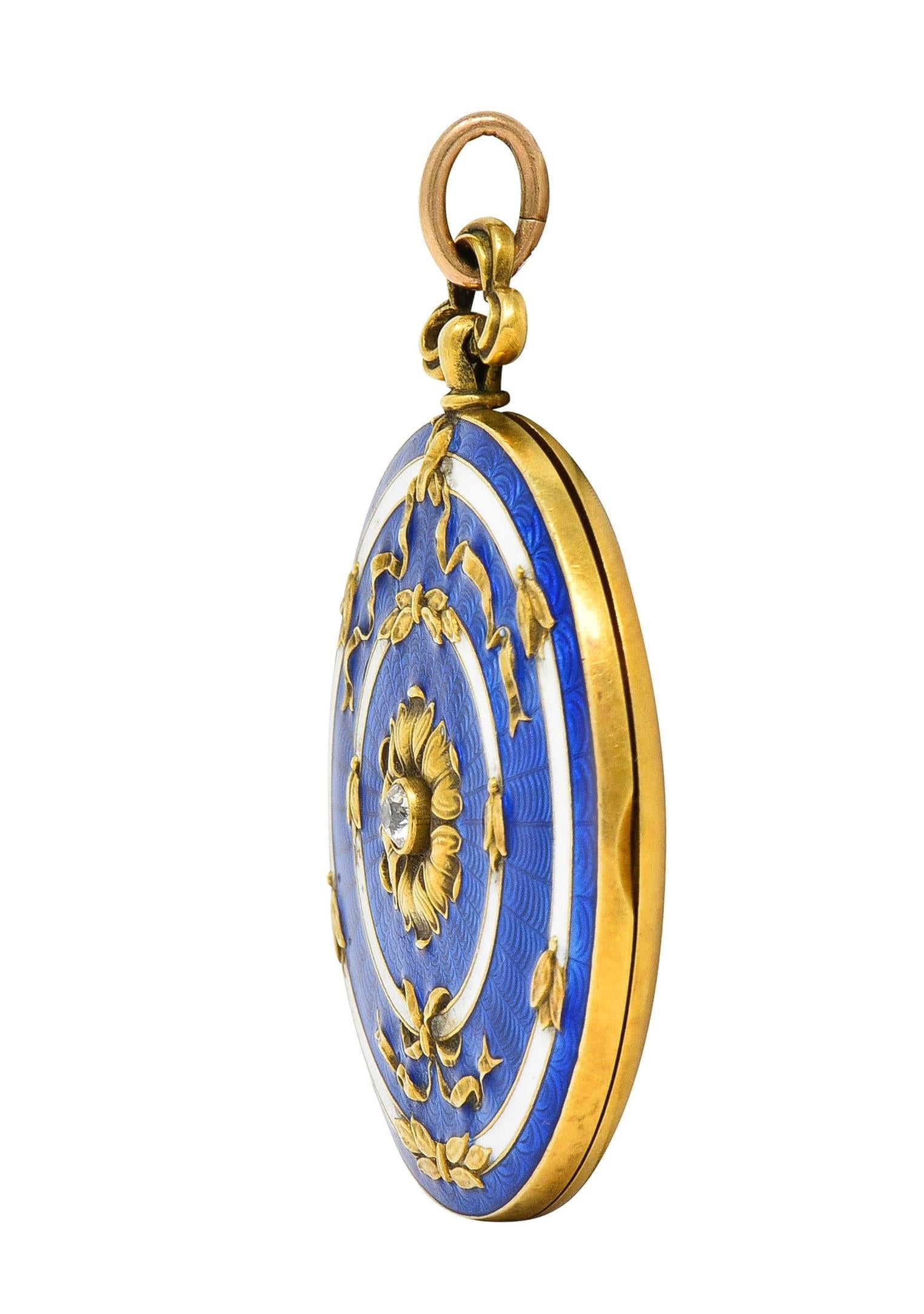 Henry Blank & Co. Belle Époque Diamond Guilloche Enamel 14 Karat Gold Locket