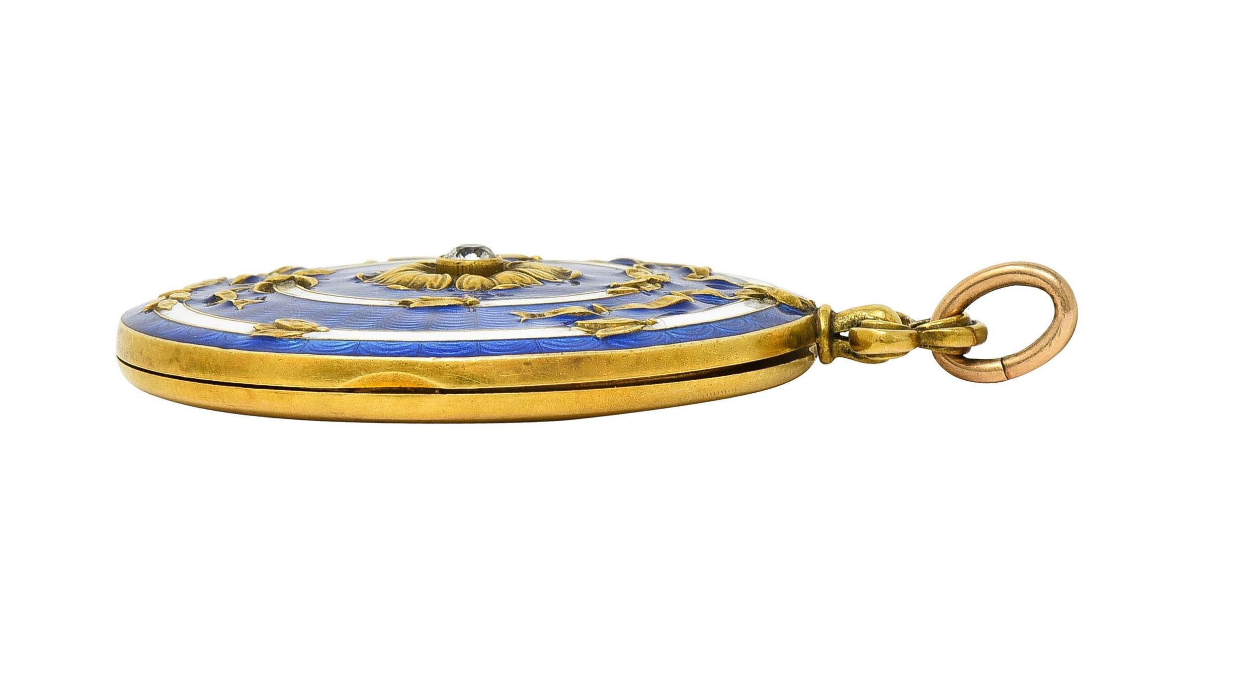 Henry Blank & Co. Belle Époque Diamond Guilloche Enamel 14 Karat Gold Locket