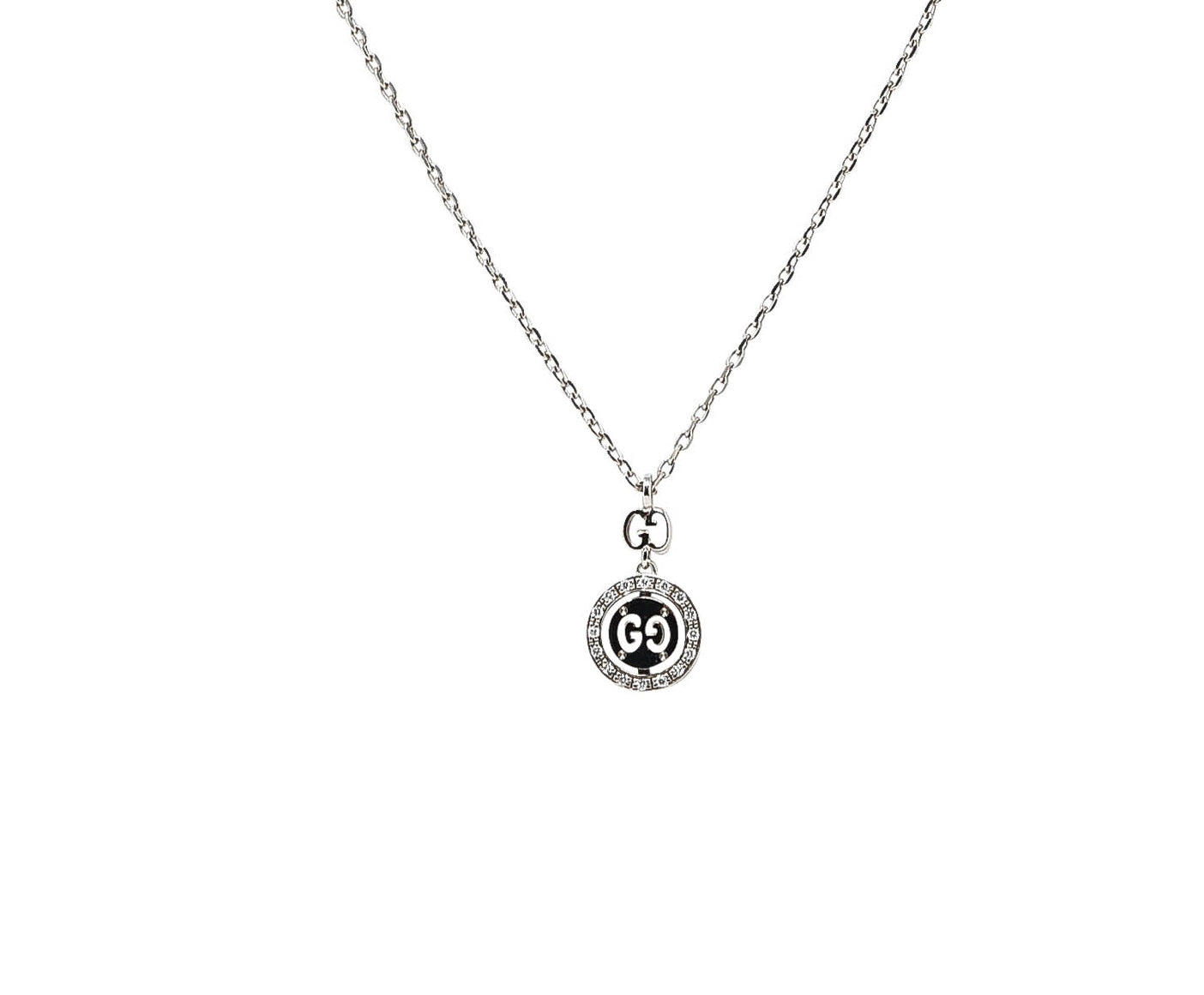 Gucci 2000 Diamond 18 Karat White Gold Double GG Twirl Brit Vintage Pendant Necklace Wilson's Estate Jewelry