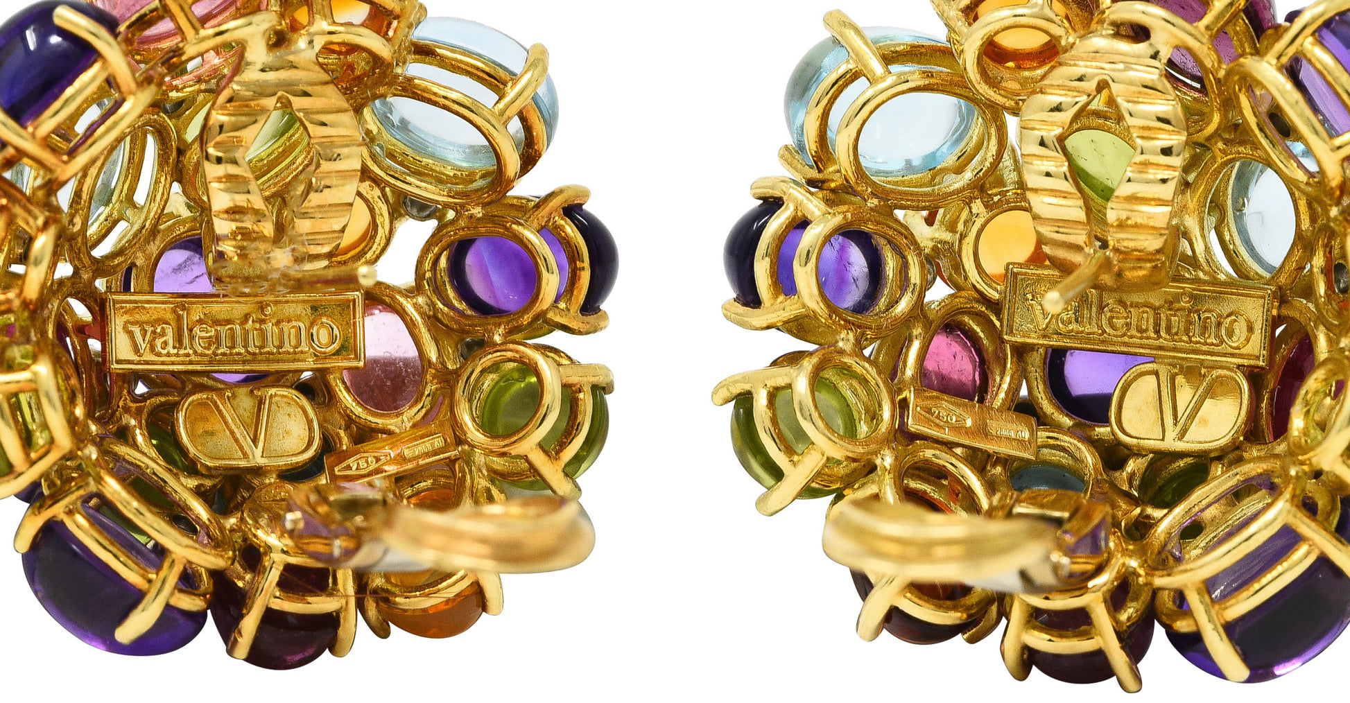 Valentino Amethyst Citrine Peridot Tourmaline 18 Karat Two-Tone Gold Vintage Cabochon Cluster Earrings Wilson's Estate Jewelry