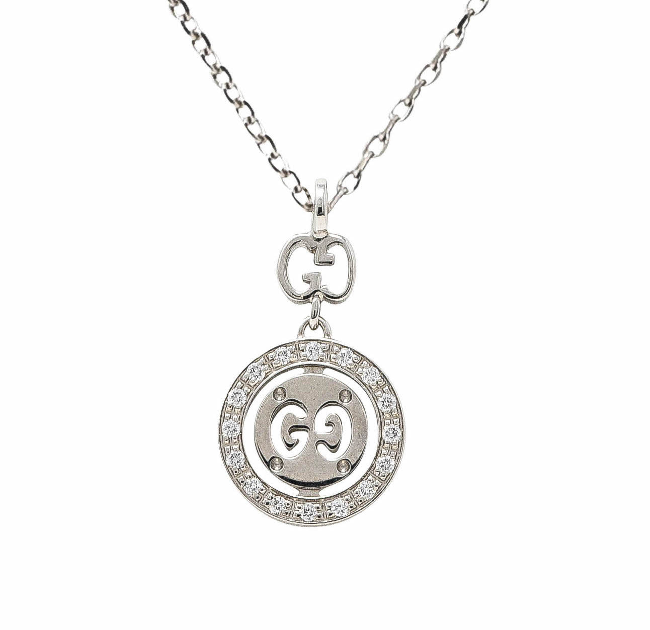 Gucci 2000 Diamond 18 Karat White Gold Double GG Twirl Brit Vintage Pendant Necklace Wilson's Estate Jewelry