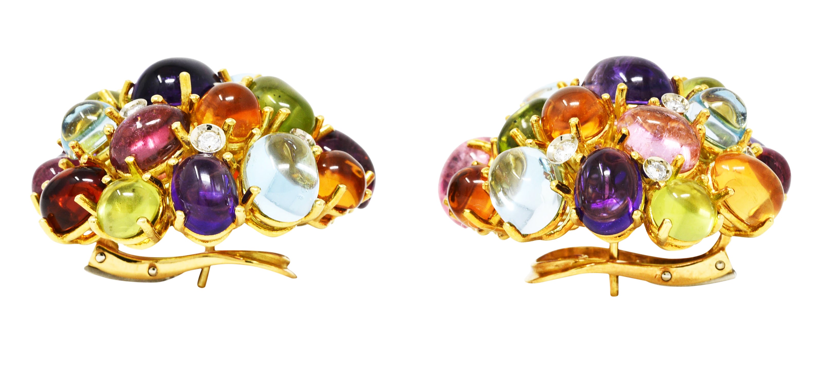 Valentino Amethyst Citrine Peridot Tourmaline 18 Karat Two-Tone Gold Vintage Cabochon Cluster Earrings Wilson's Estate Jewelry