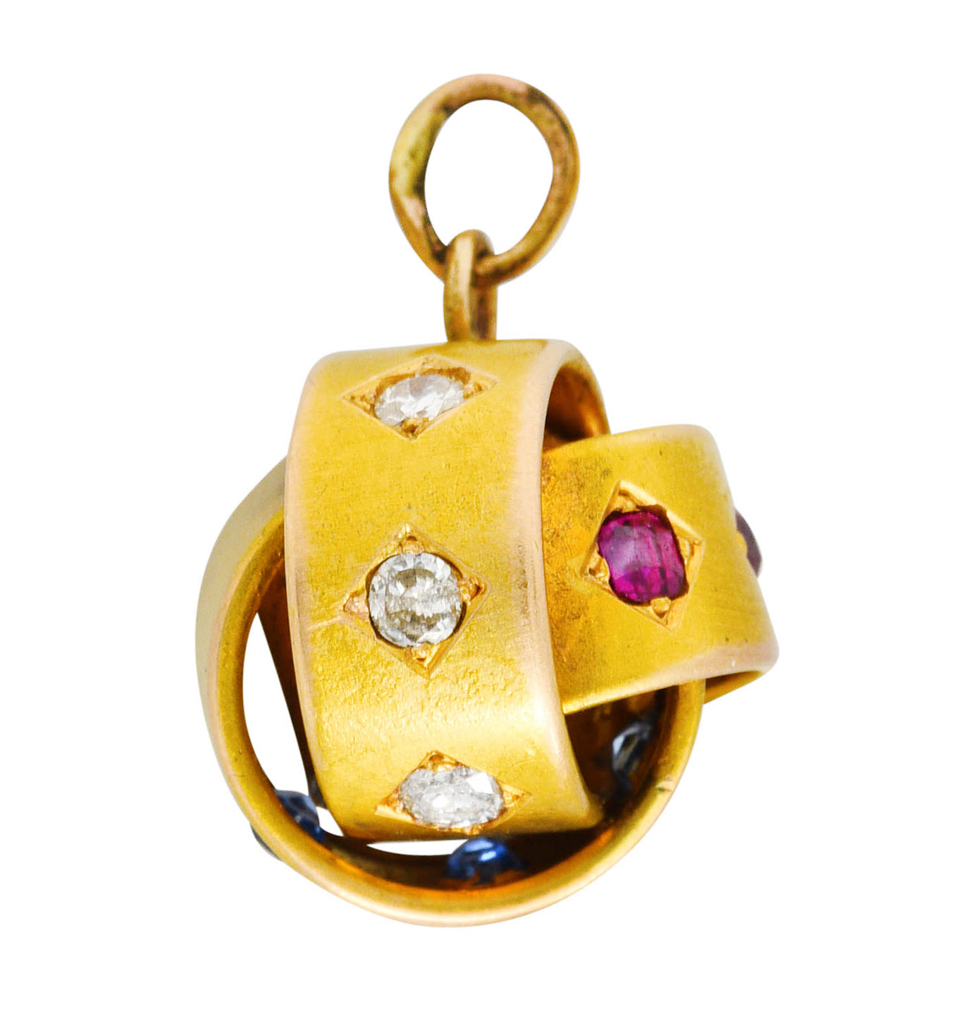 Victorian 0.80 CTW Ruby Sapphire Diamond 18 Karat Yellow Gold Triple Loop Antique Knot Charm Wilson's Estate Jewelry