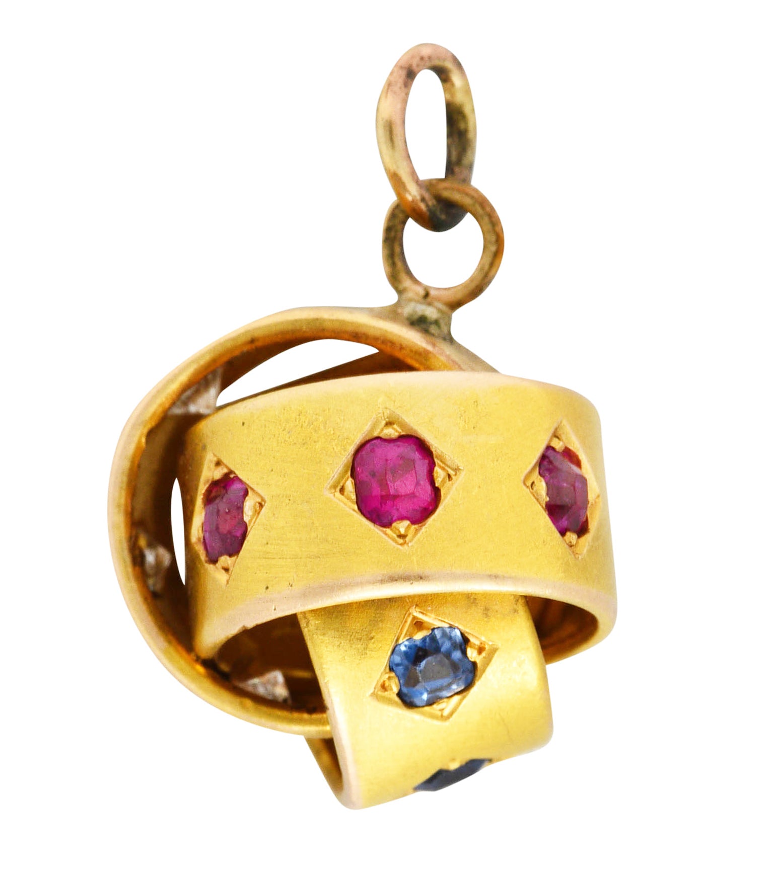 Victorian 0.80 CTW Ruby Sapphire Diamond 18 Karat Yellow Gold Triple Loop Antique Knot Charm Wilson's Estate Jewelry