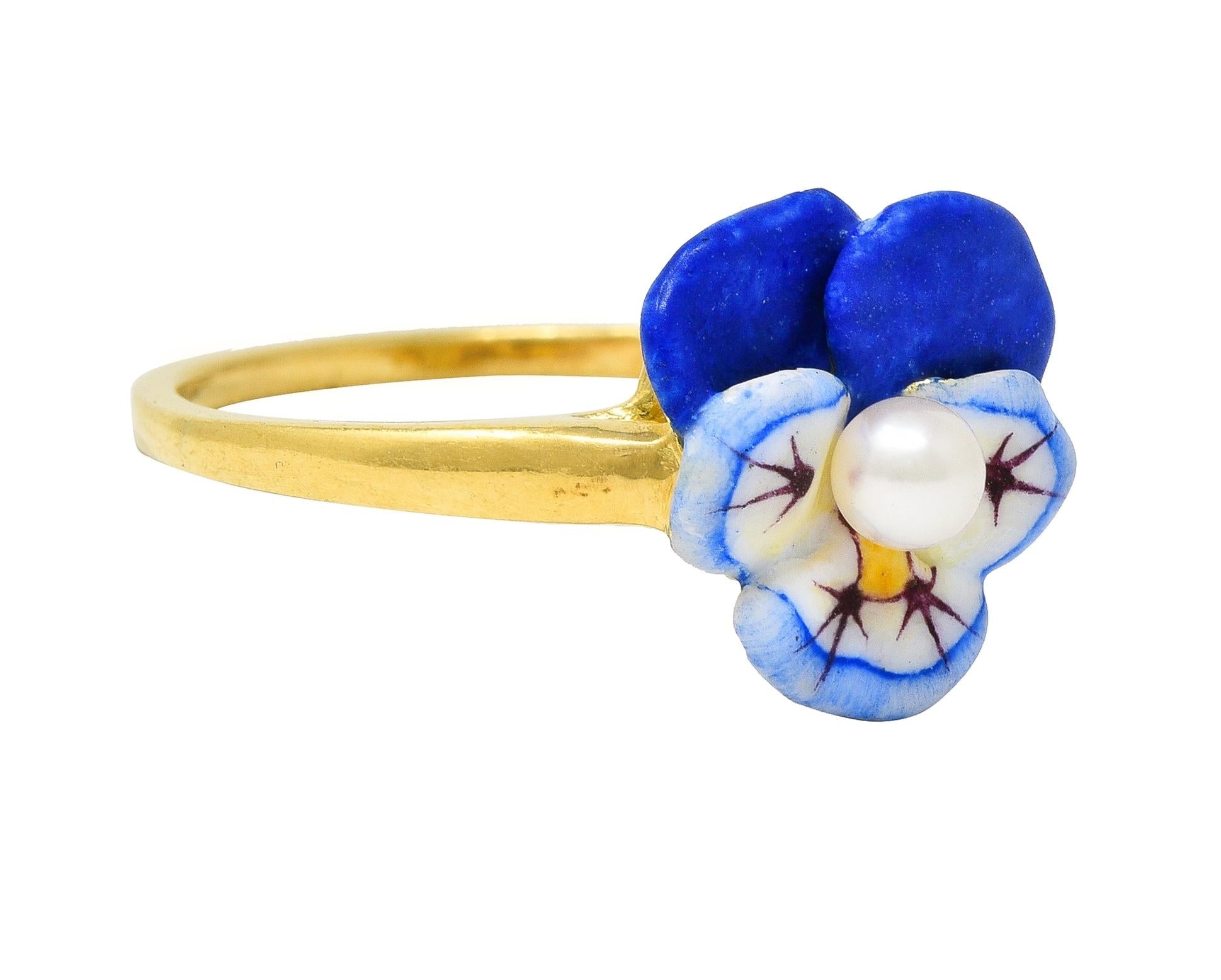 Larter & Sons Art Nouveau Pearl Enamel 18 Karat Yellow Gold Pansy Ring