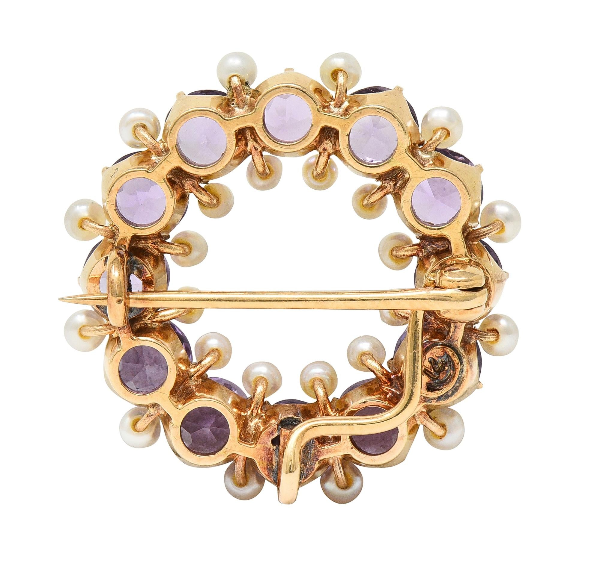 Victorian Amethyst Pearl 14 Karat Yellow Gold Antique Circle Brooch