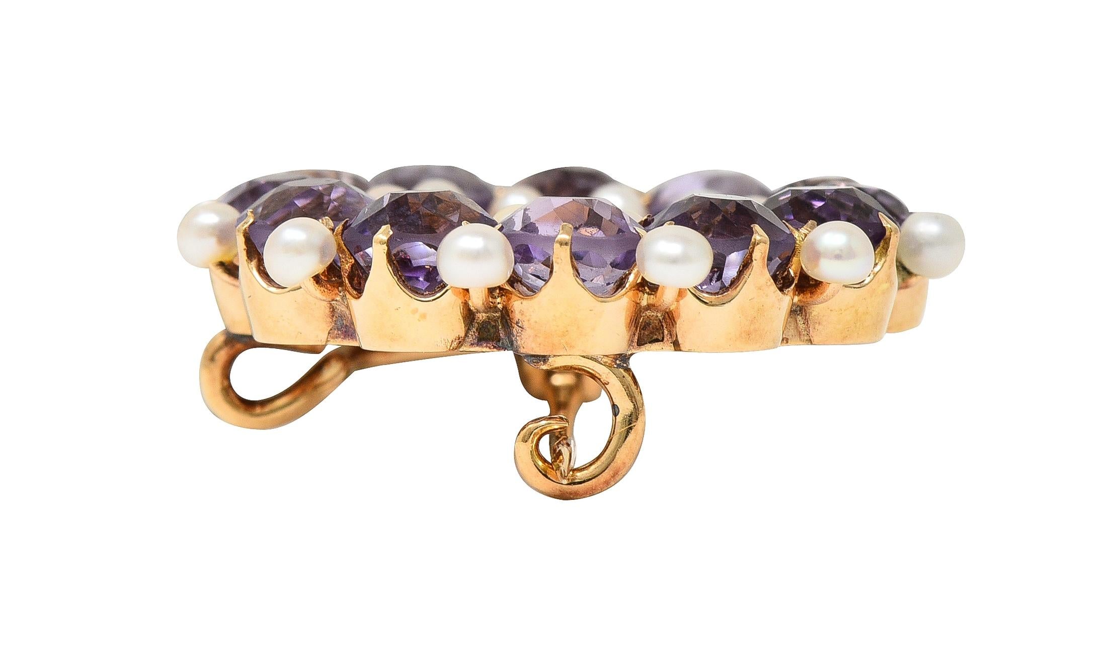 Victorian Amethyst Pearl 14 Karat Yellow Gold Antique Circle Brooch