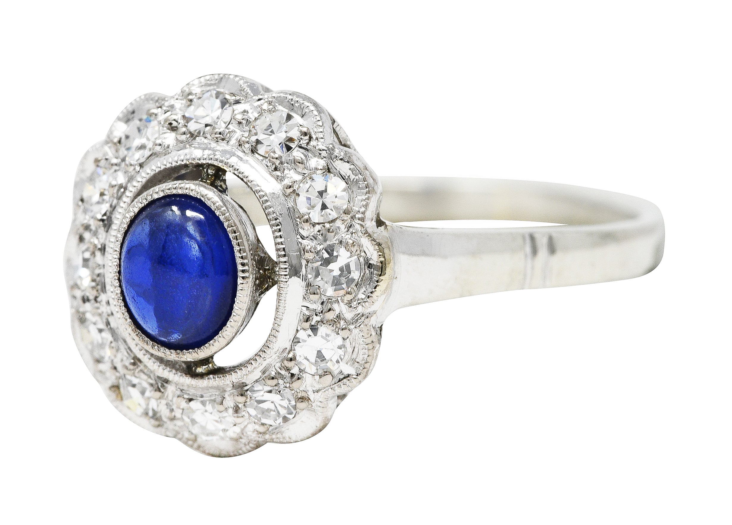 Art Deco 0.80 CTW Sapphire Cabochon Diamond 18 Karat White Gold Cluster Ring Wilson's Estate Jewelry