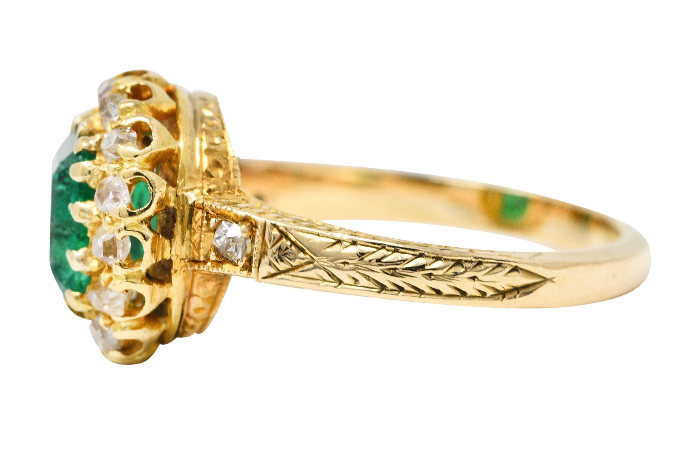 Victorian 2.12 CTW Emerald Old Mine Cut Diamond 14 Karat Yellow Gold Wheat Antique Halo Ring Wilson's Estate Jewelry