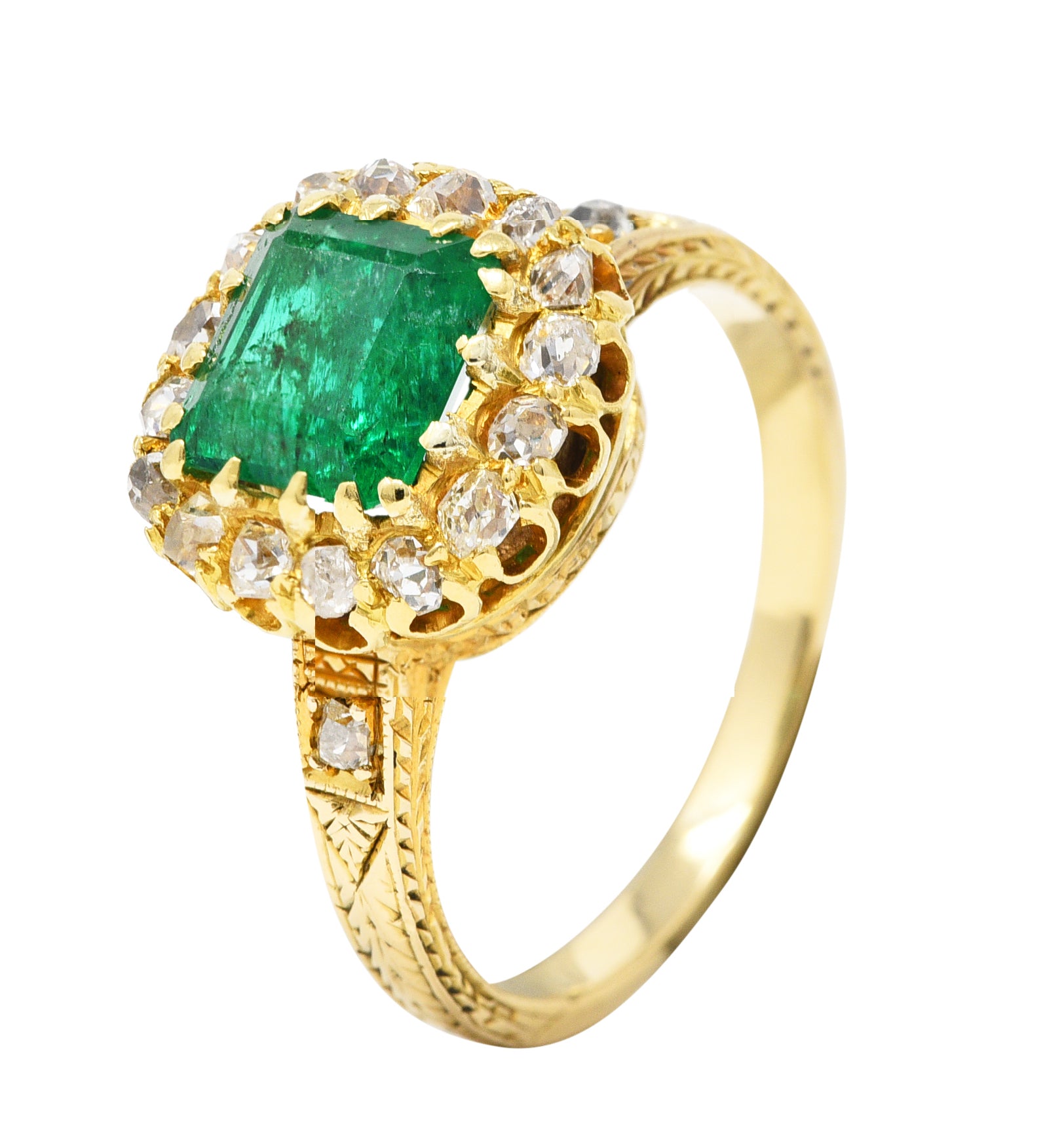 Victorian 2.12 CTW Emerald Old Mine Cut Diamond 14 Karat Yellow Gold Wheat Antique Halo Ring Wilson's Estate Jewelry