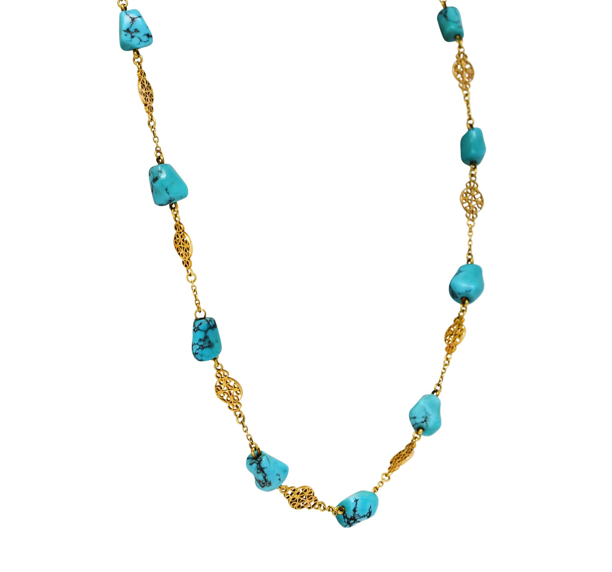 Late Victorian Turquoise 14 Karat Gold Station Necklace Circa 1900Necklace - Wilson's Estate Jewelry