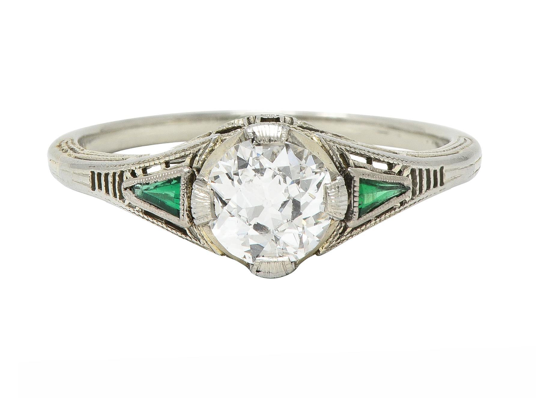 Art Deco .65 CTW Old European Cut Diamond Emerald 18 Karat Engagement Ring