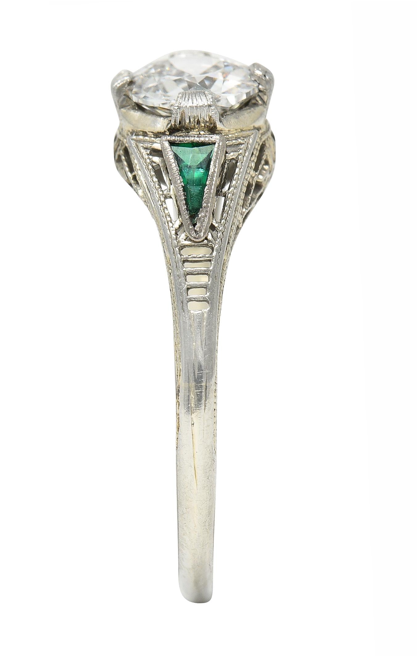 Art Deco .65 CTW Old European Cut Diamond Emerald 18 Karat Engagement Ring